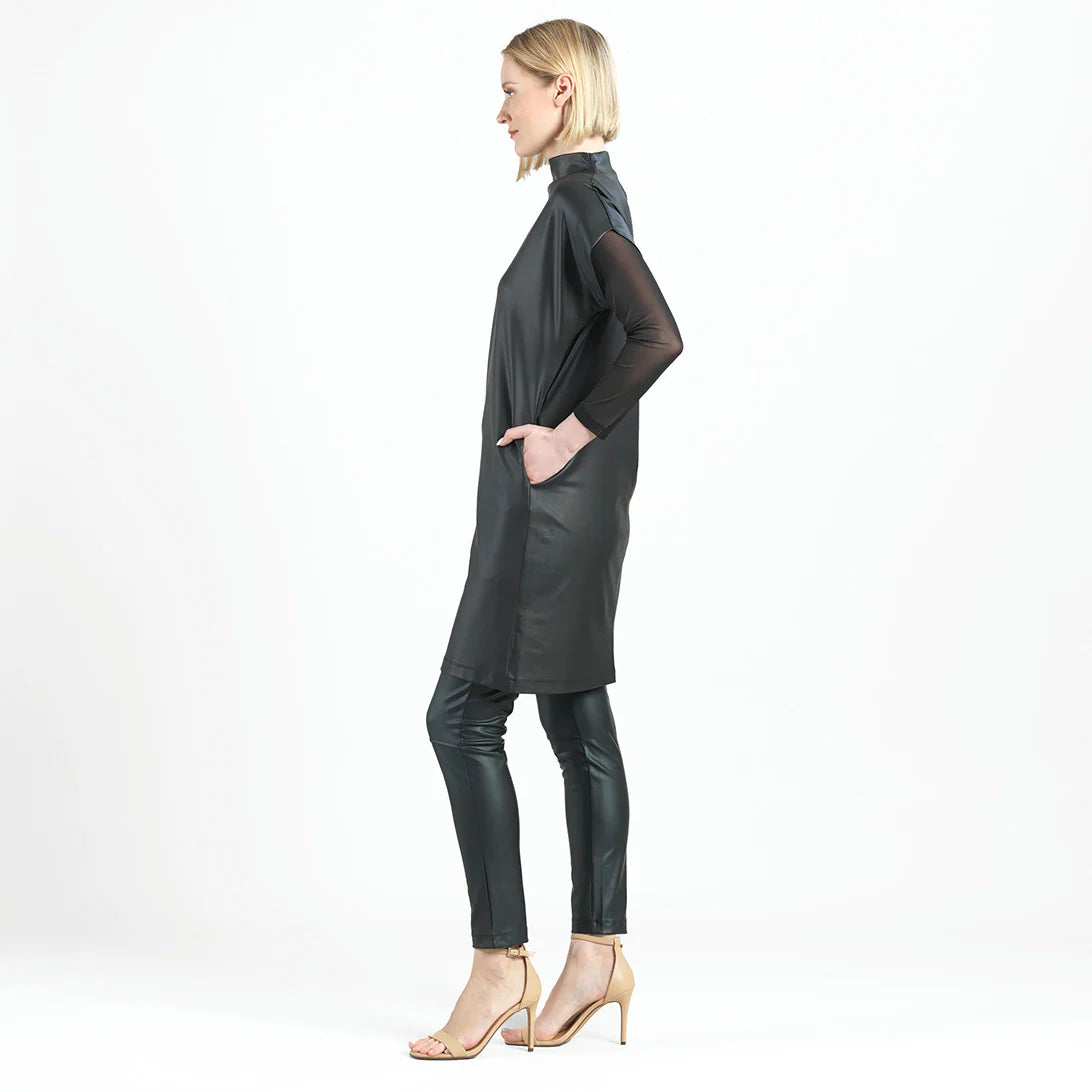 Black Liquid Leather Mock Neck Tunic Dress with Pockets