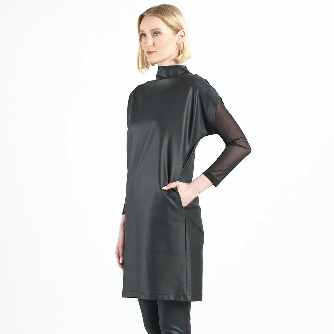 Black Liquid Leather Mock Neck Tunic Dress with Pockets