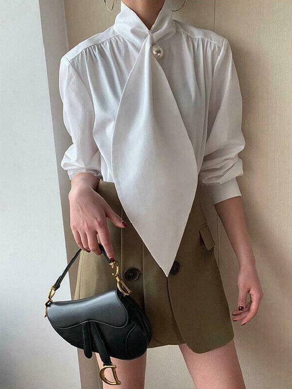 White Oversized Tuxedo Blouse — High Neck, Long Sleeve