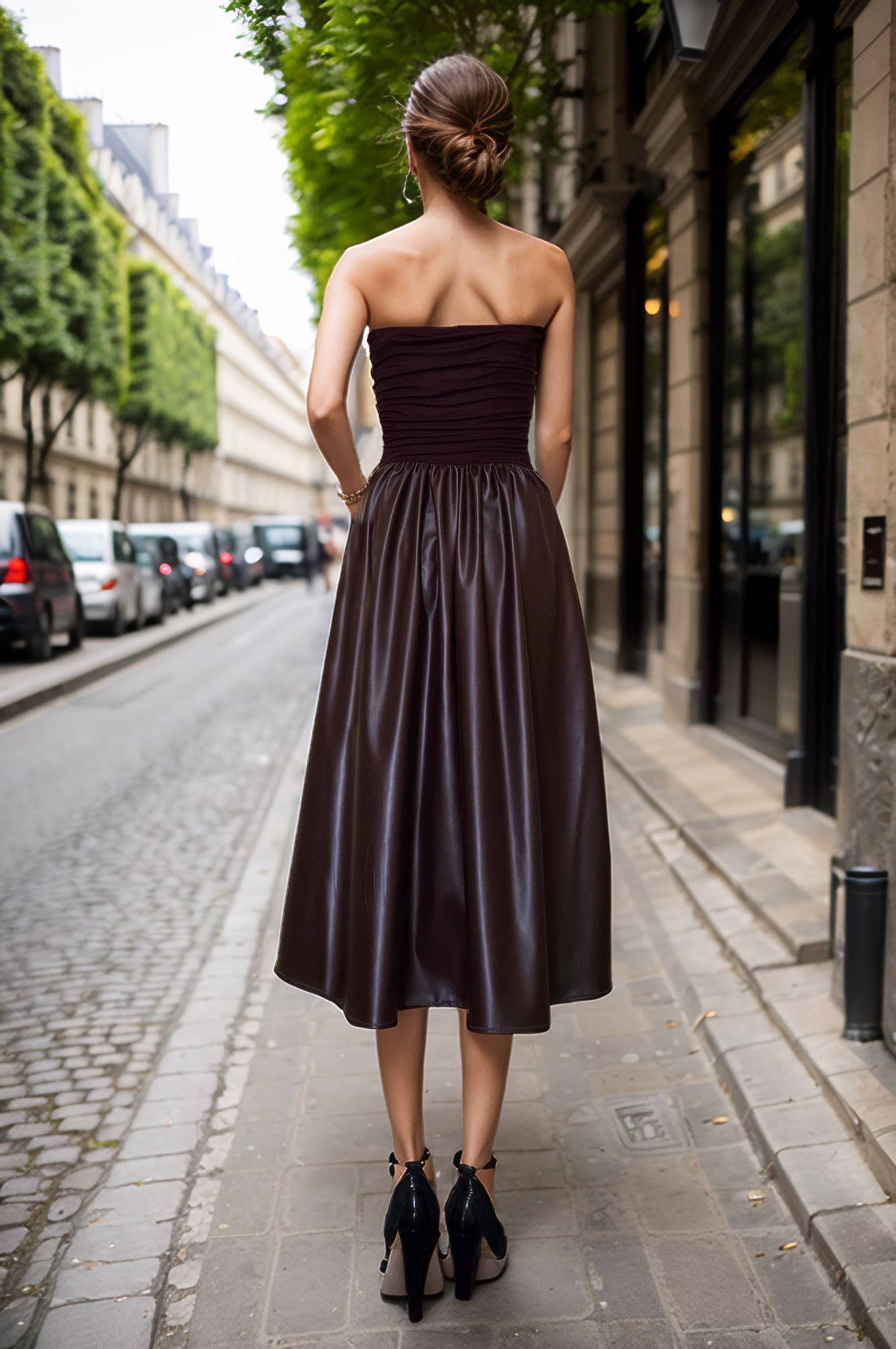 DARK WINE VEGAN LEATHER MIDI TUBE DRESS