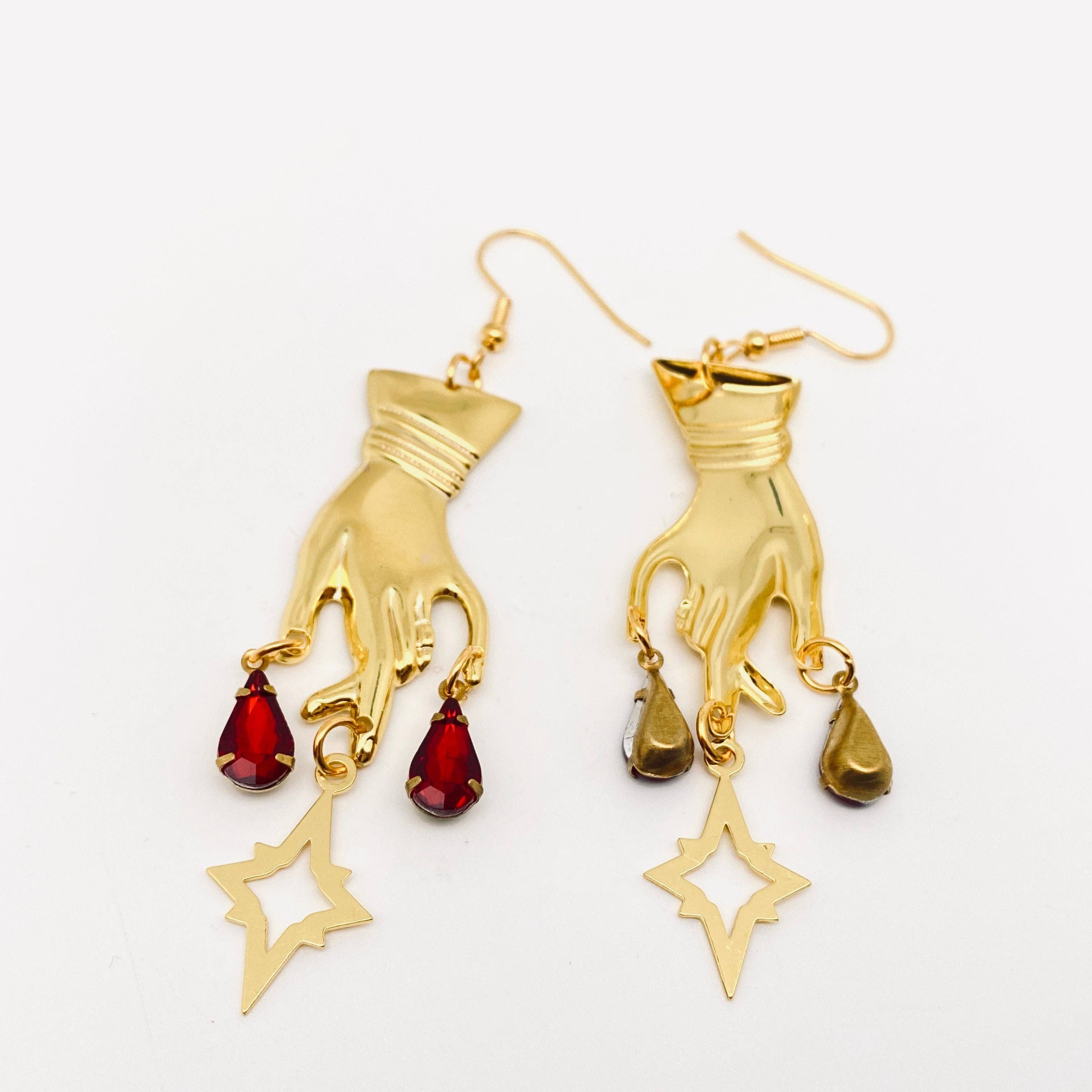 Golden Hand Red Rhinestone Pendant Earrings