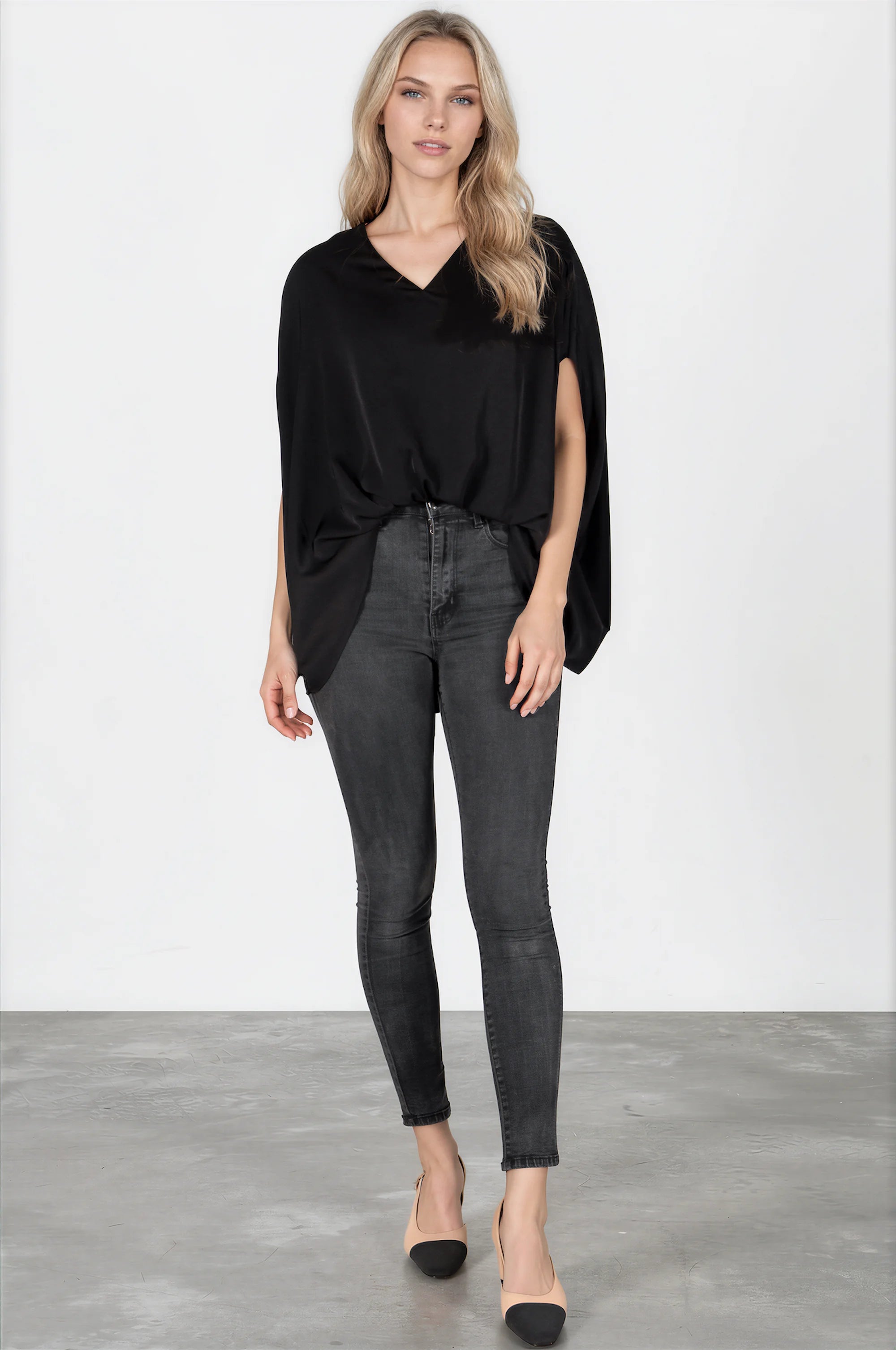 Black Satin Drop Shoulder Top