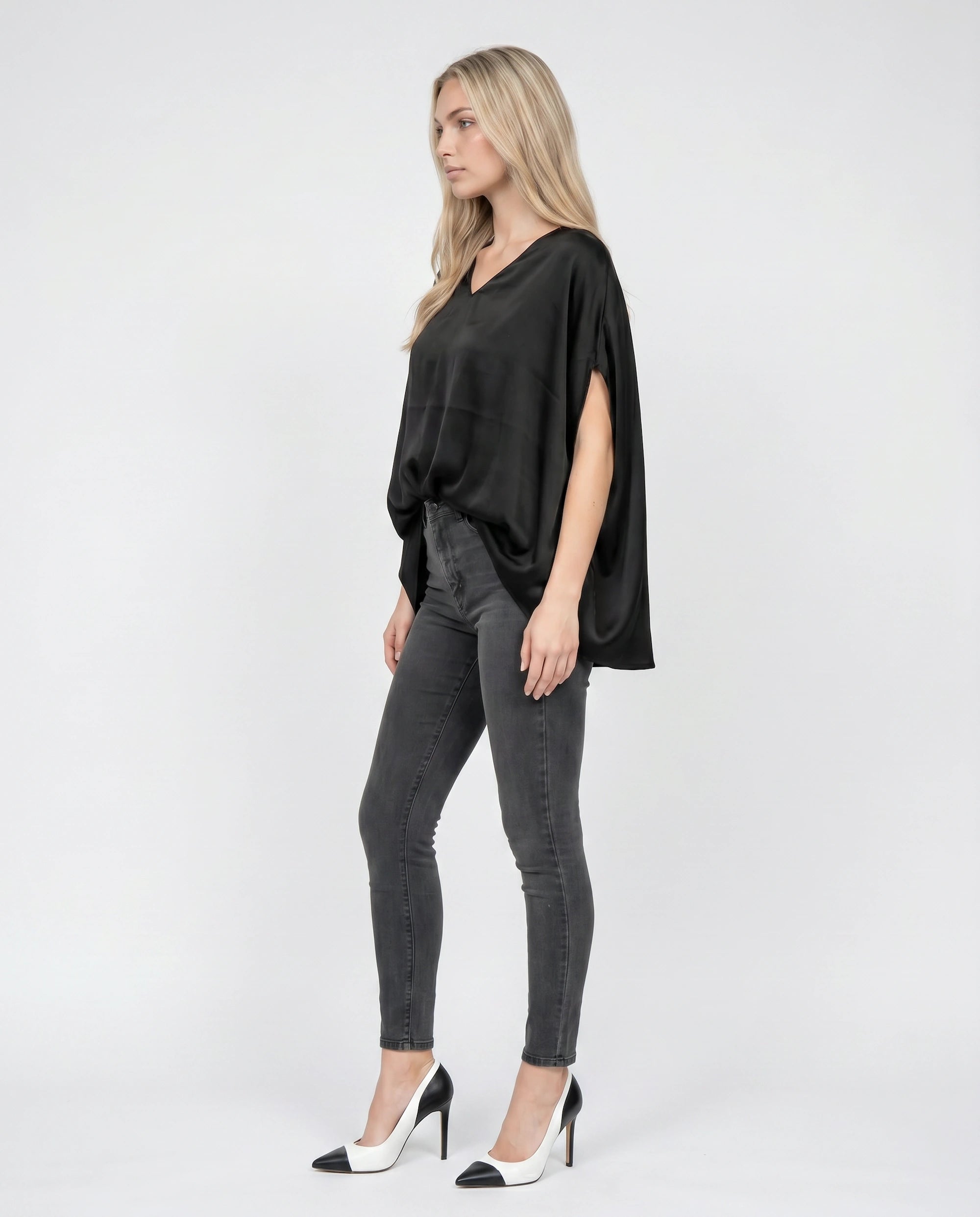 Black Satin Drop Shoulder Top
