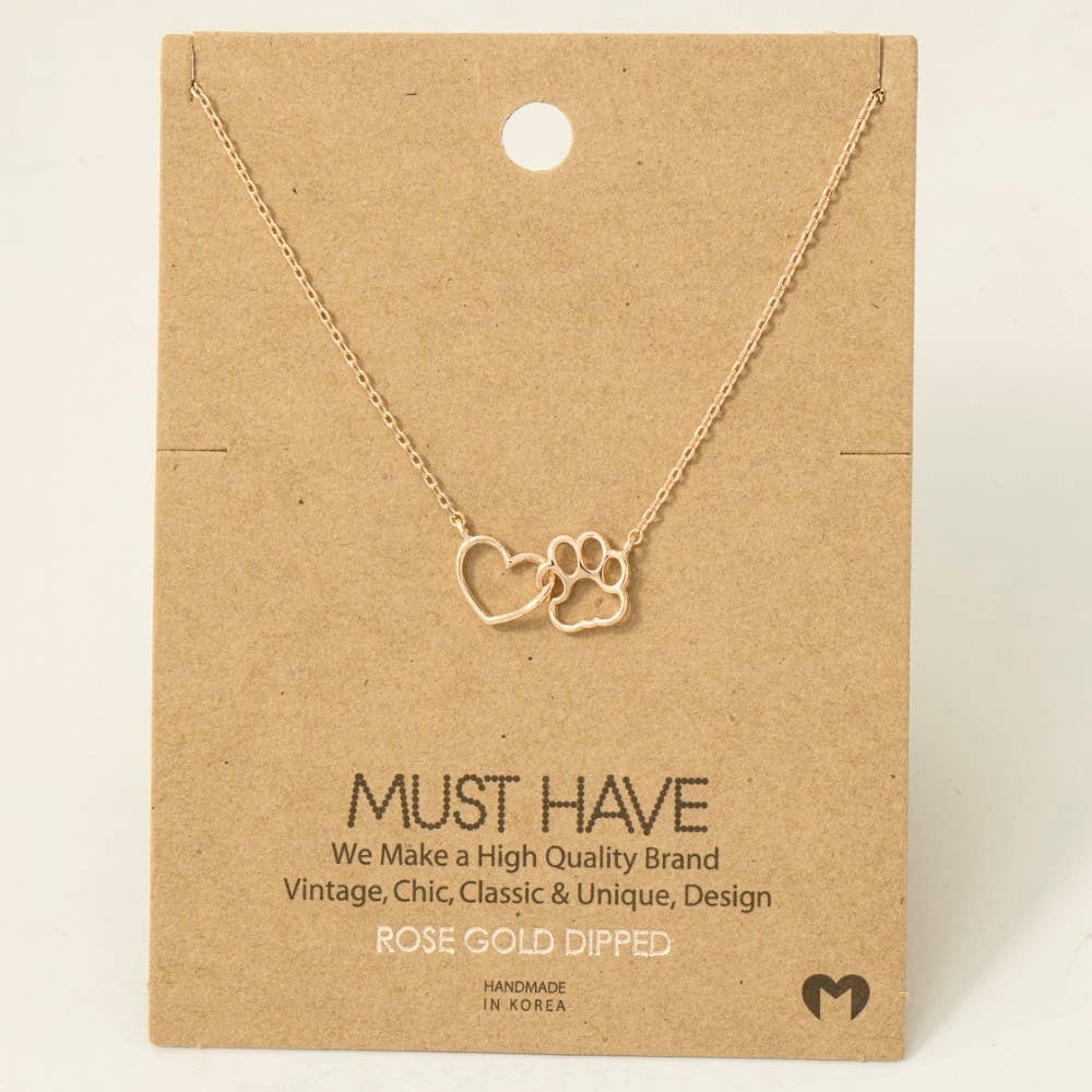 Dog Mom Gold Dipped Dog Paw Heart Cutout Pendant Necklace