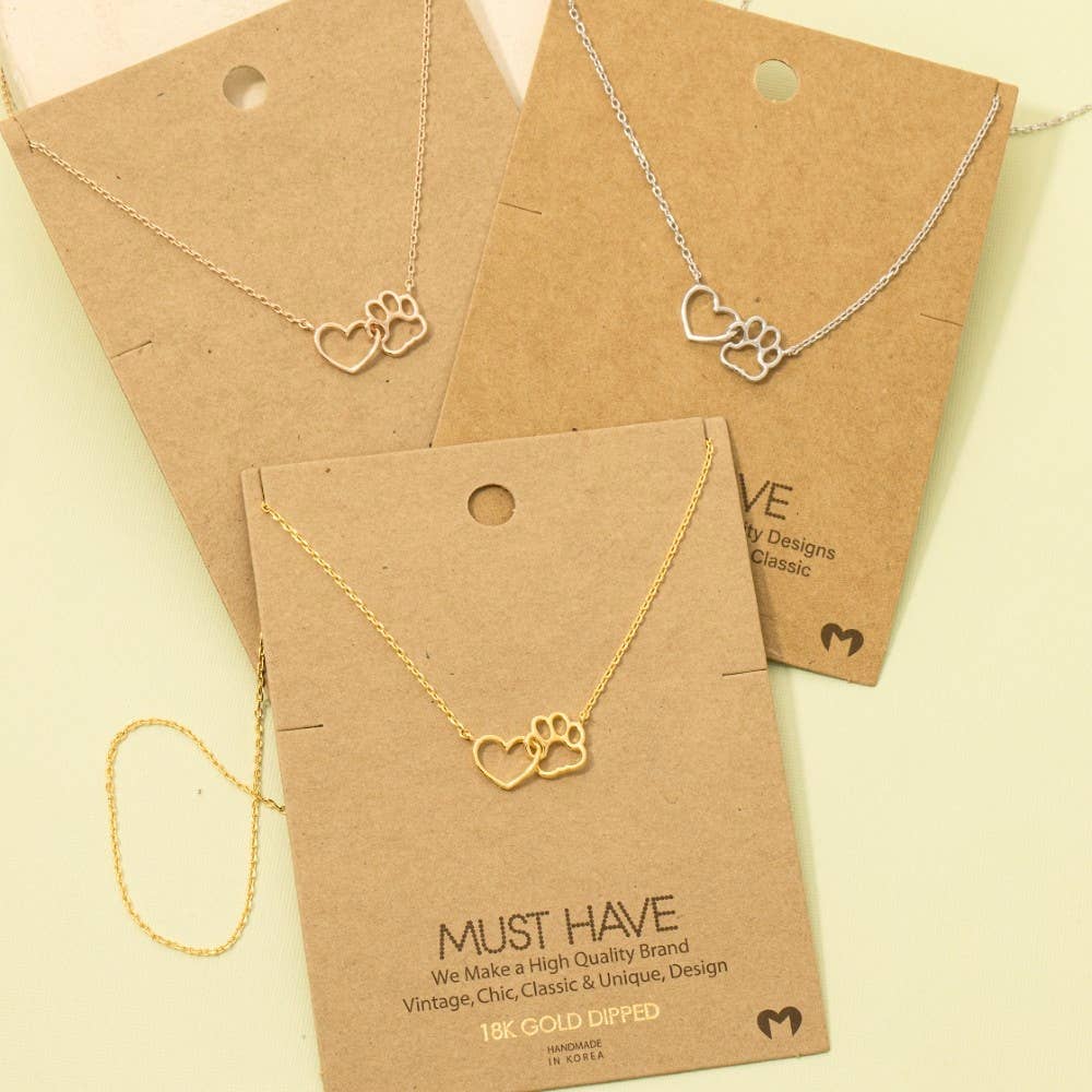 Dog Mom Gold Dipped Dog Paw Heart Cutout Pendant Necklace
