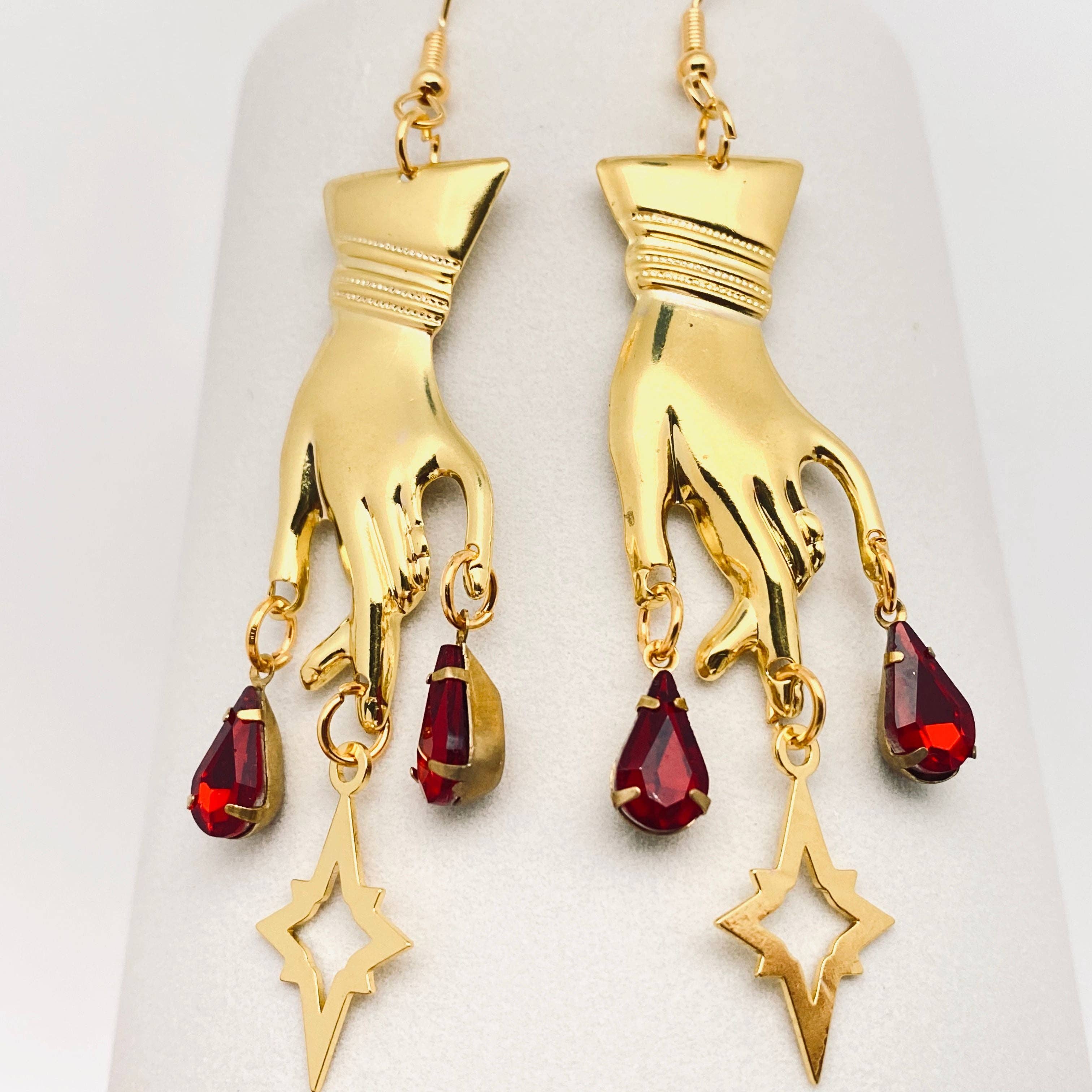 Golden Hand Red Rhinestone Pendant Earrings