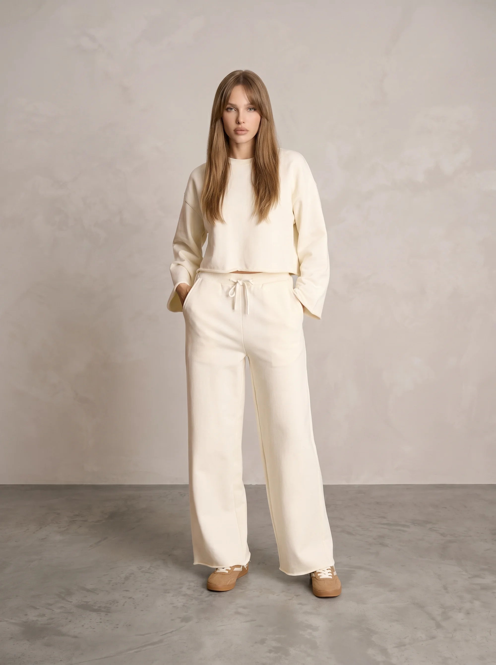 French Terry Wide-Leg Pant — Cream