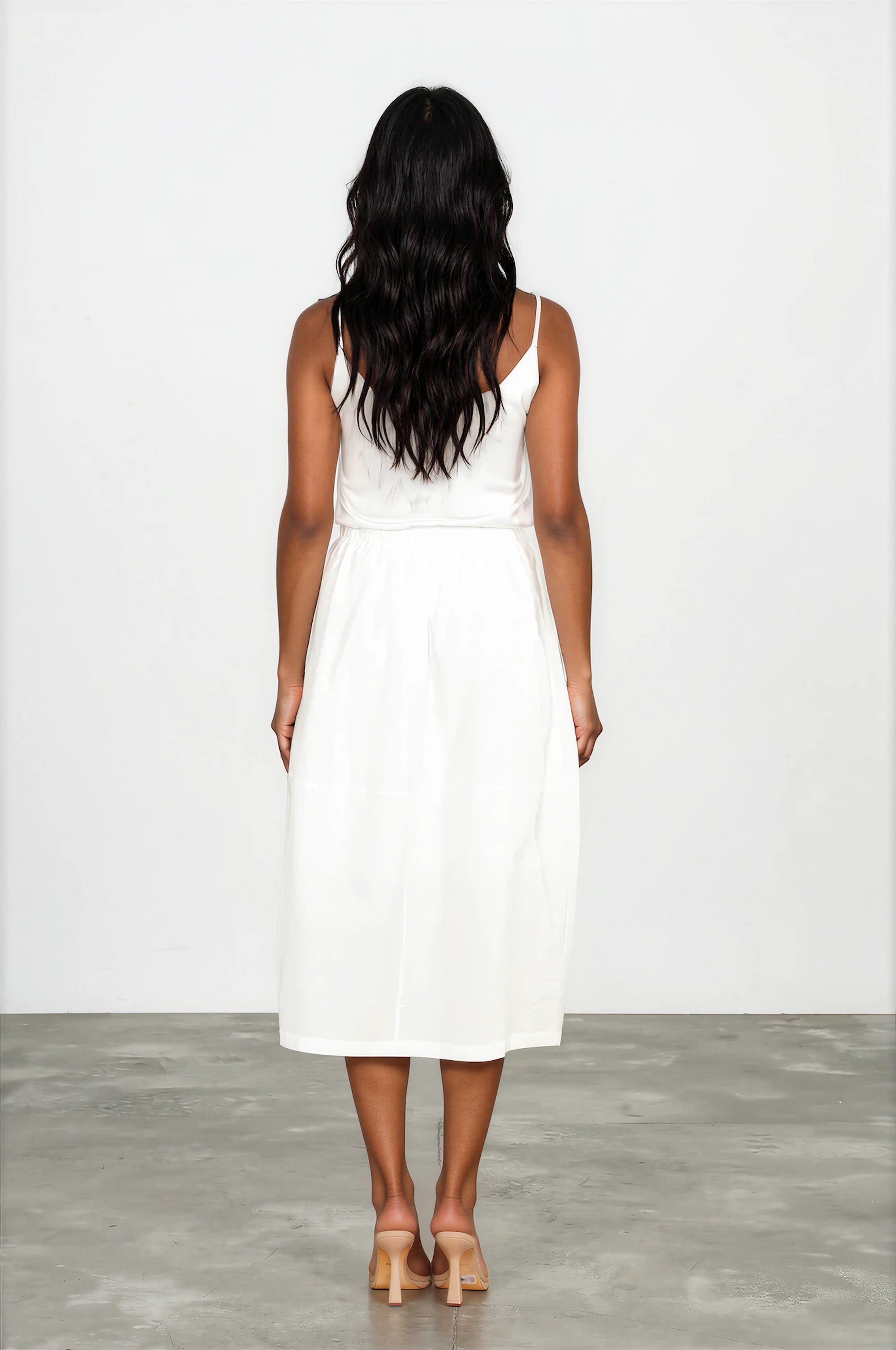 Lined Drawstring White Midi Skirt