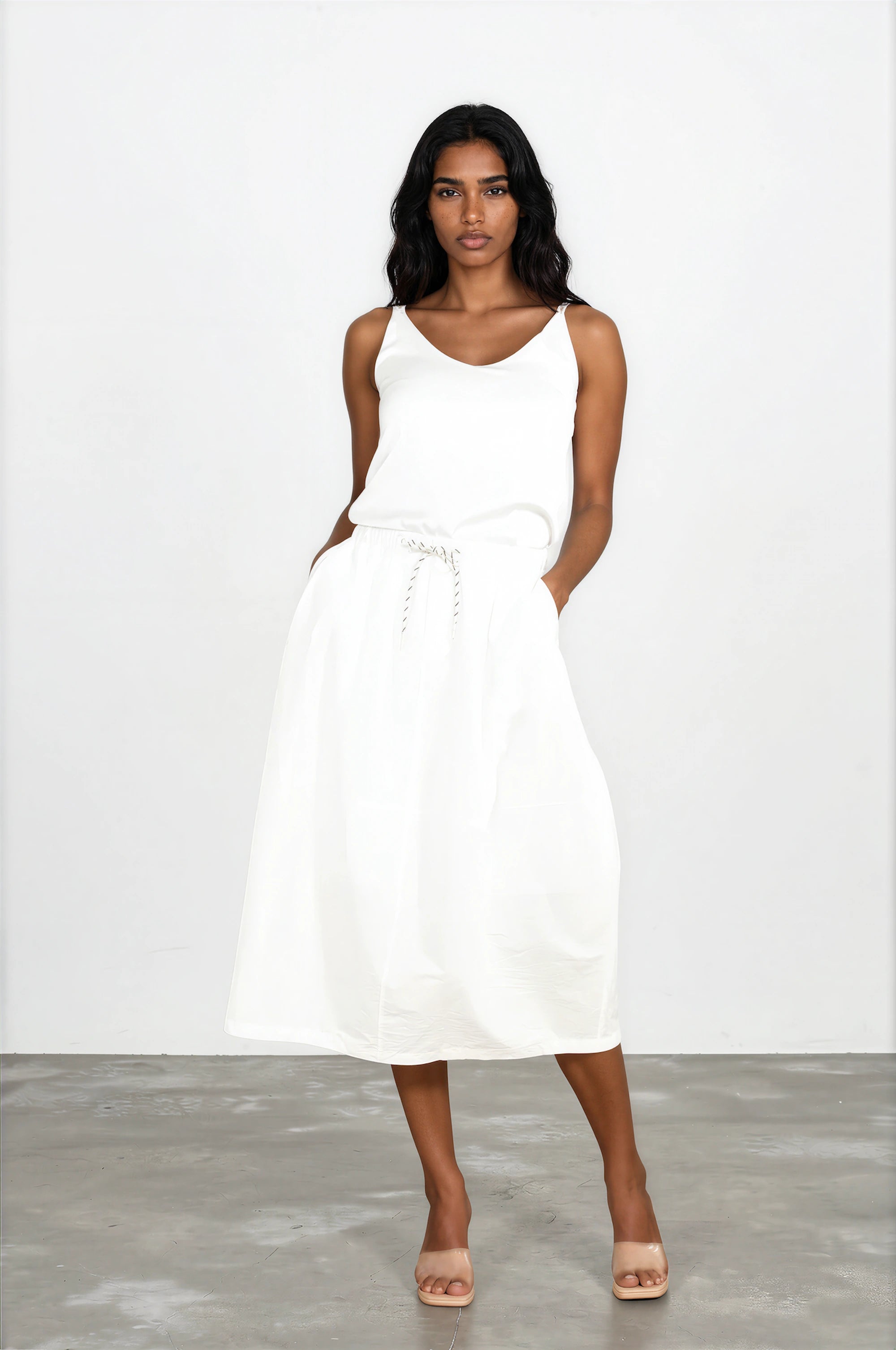 Lined Drawstring White Midi Skirt