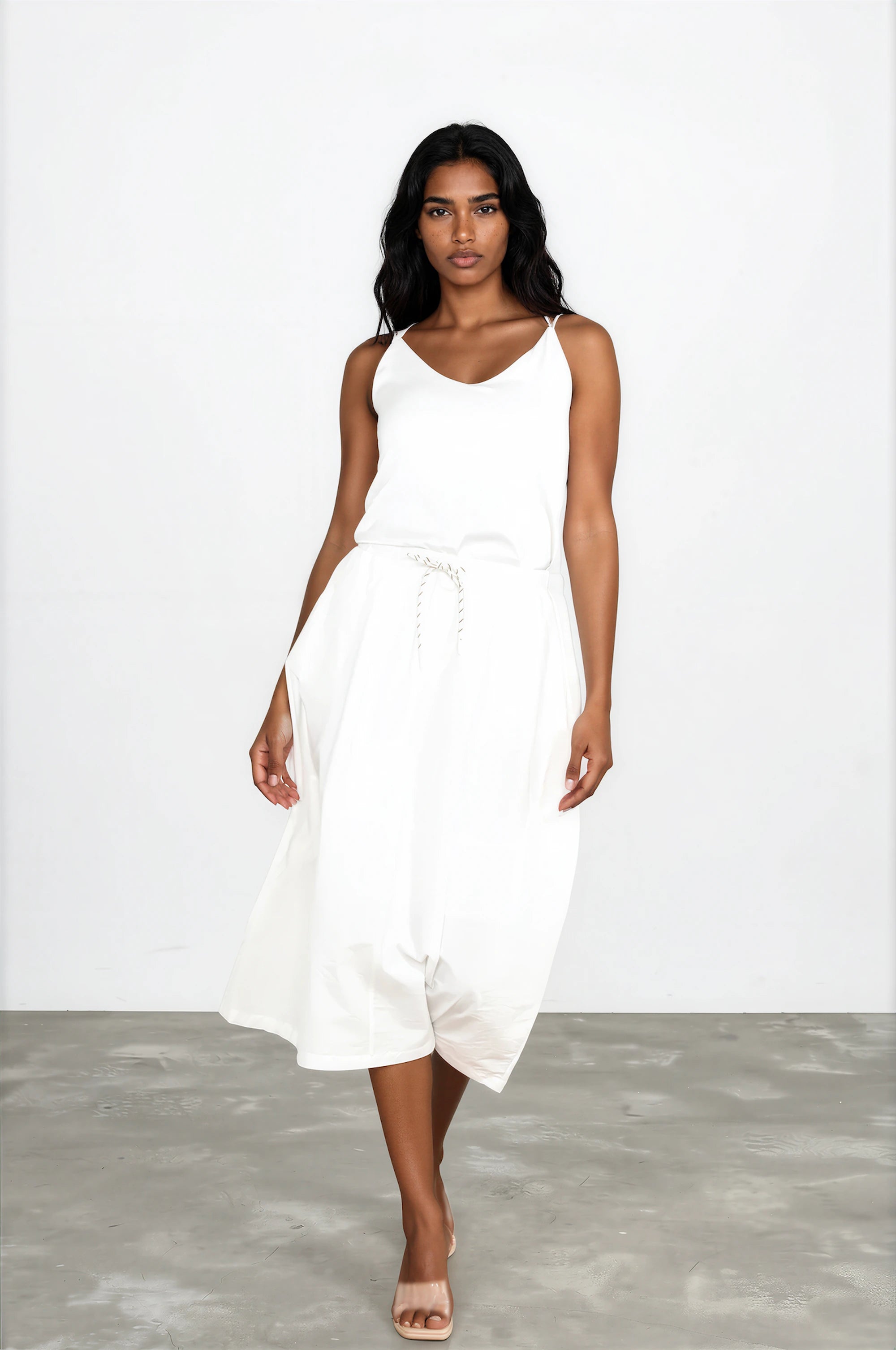 Lined Drawstring White Midi Skirt