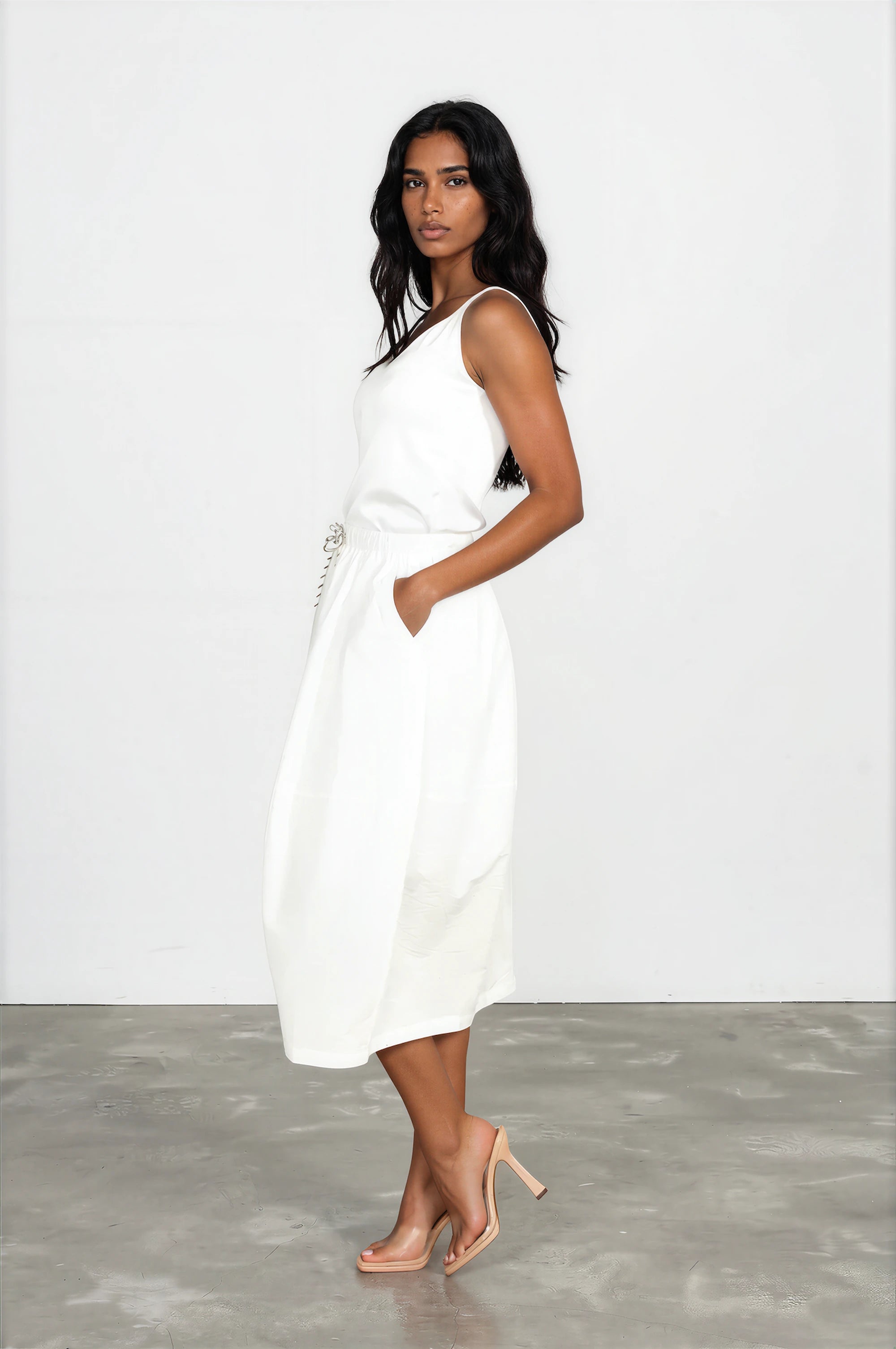 Lined Drawstring White Midi Skirt