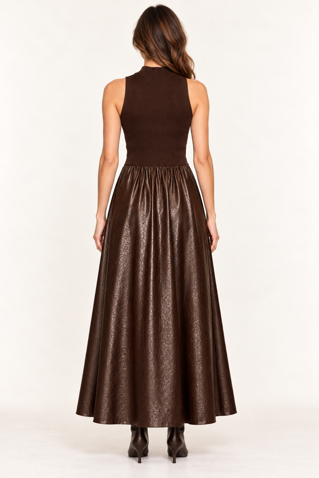 Espresso sleeveless mixed-media dress, back view without belt