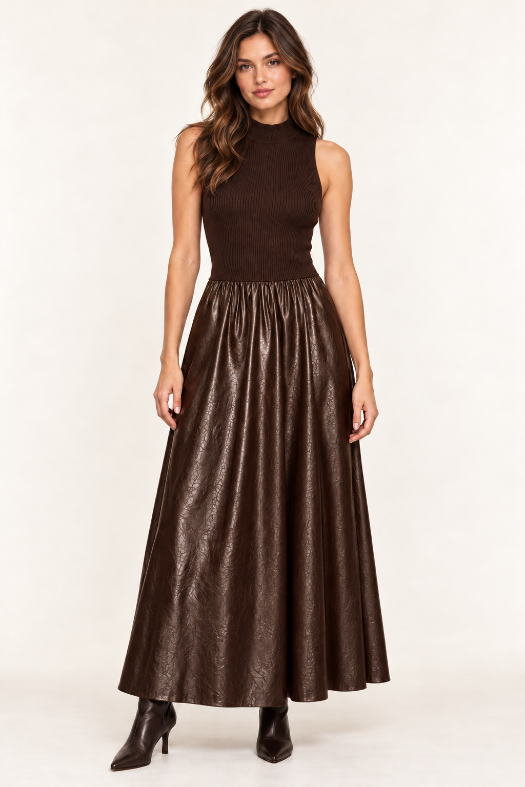 Espresso sleeveless mixed-media dress, front view without belt