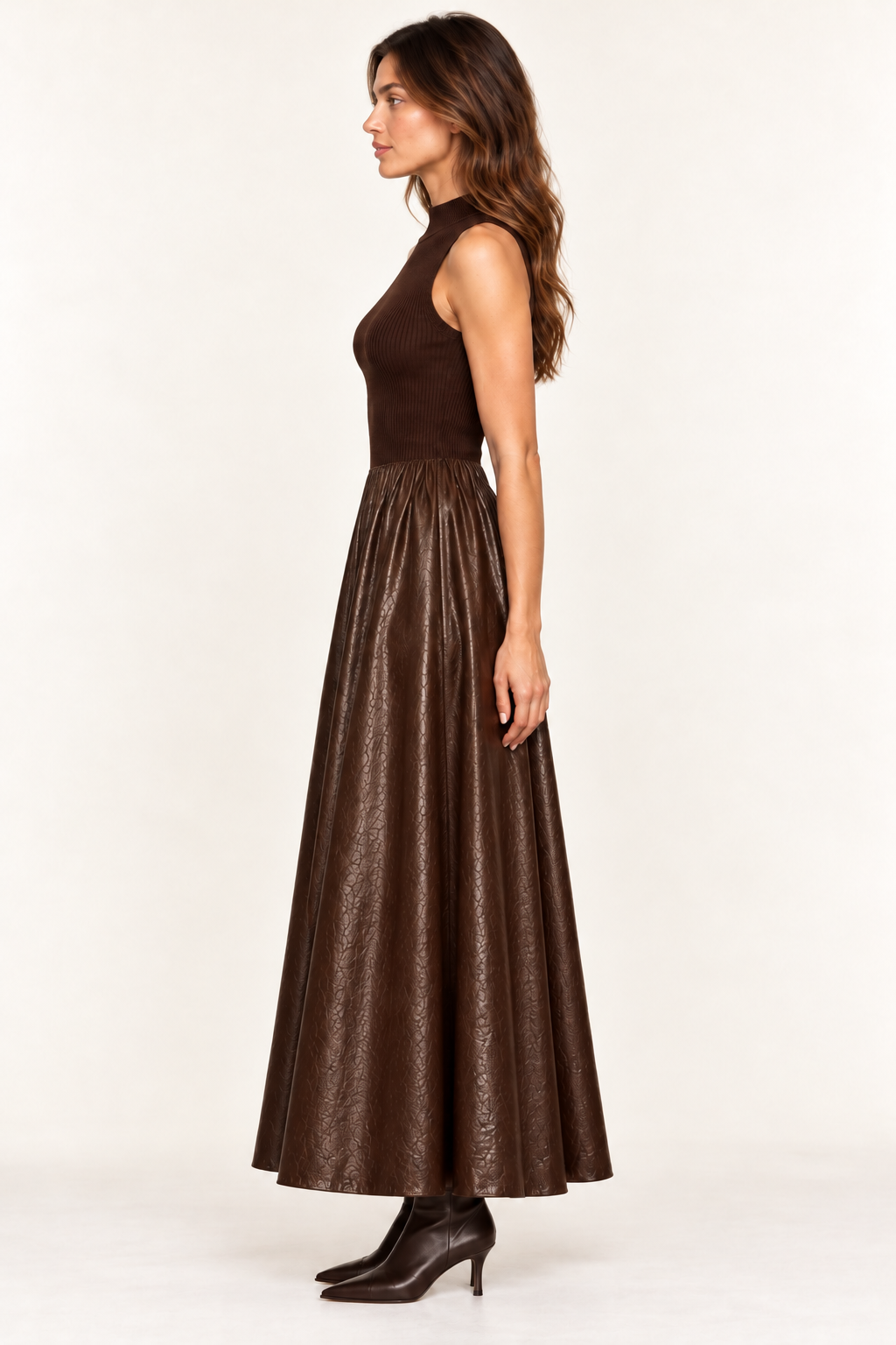 Espresso sleeveless mixed-media dress, side view without belt