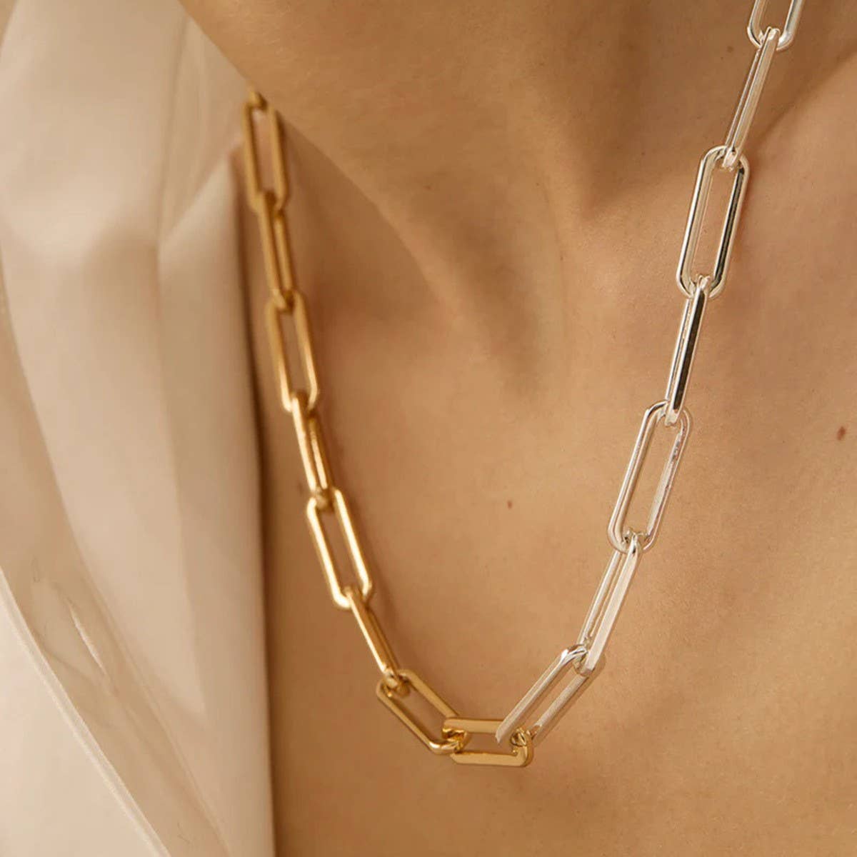 Two Tone Silver & Gold Paperclip Chain Necklace