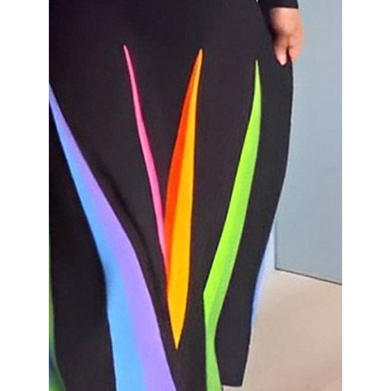 Black Rainbow Godet A-Line Maxi Dress — Collared, Long Sleeve, Buttoned Placket