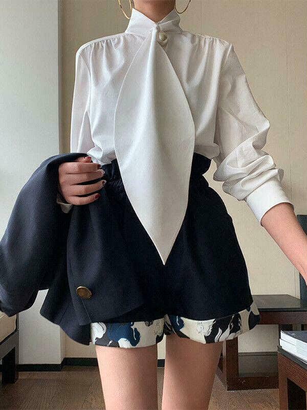 White Oversized Tuxedo Blouse — High Neck, Long Sleeve
