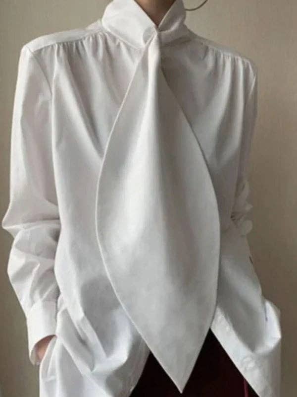 White Oversized Tuxedo Blouse — High Neck, Long Sleeve