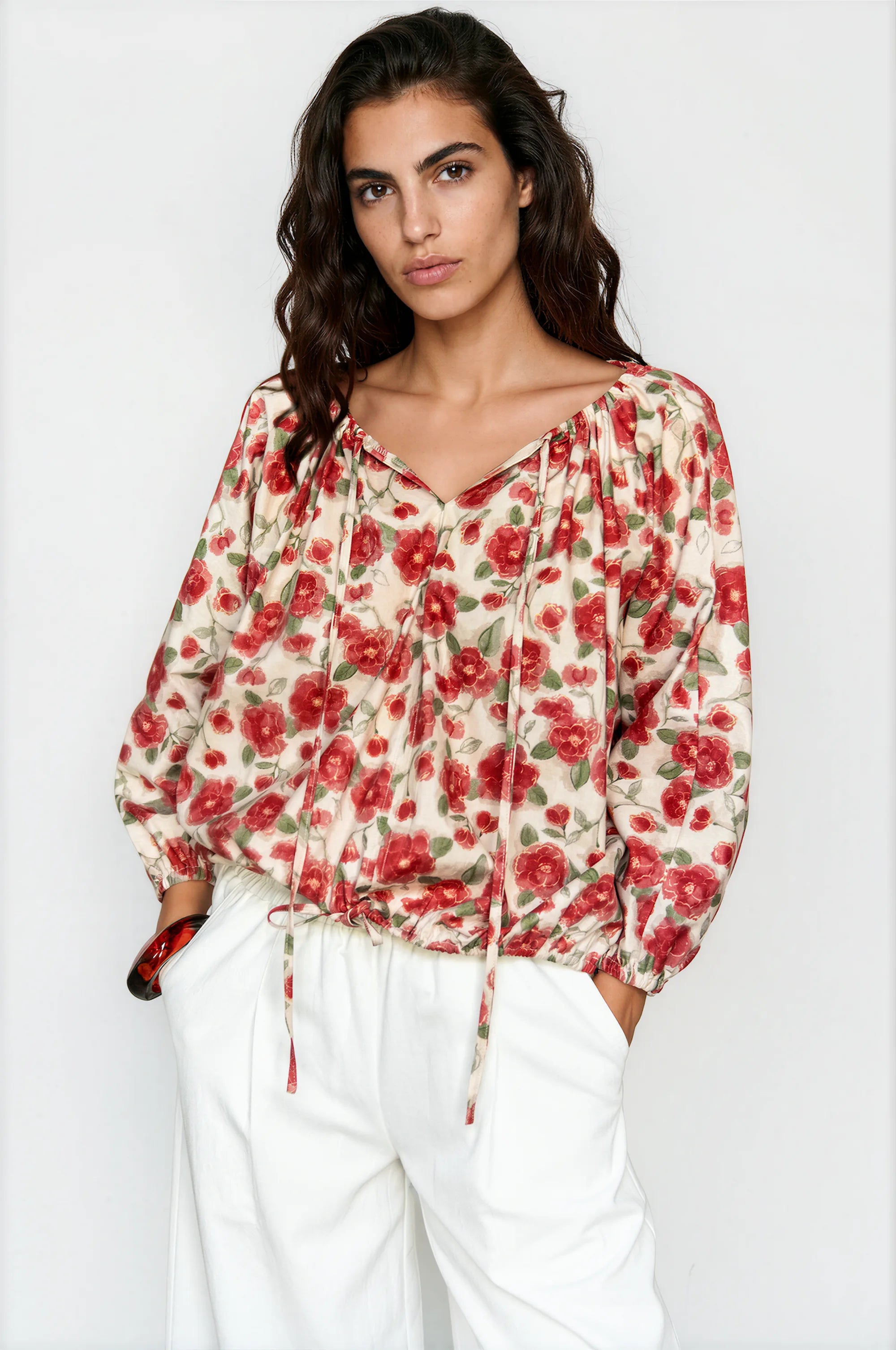 English Floral Poplin Blouse — V-Neck Billowy Sleeve Top