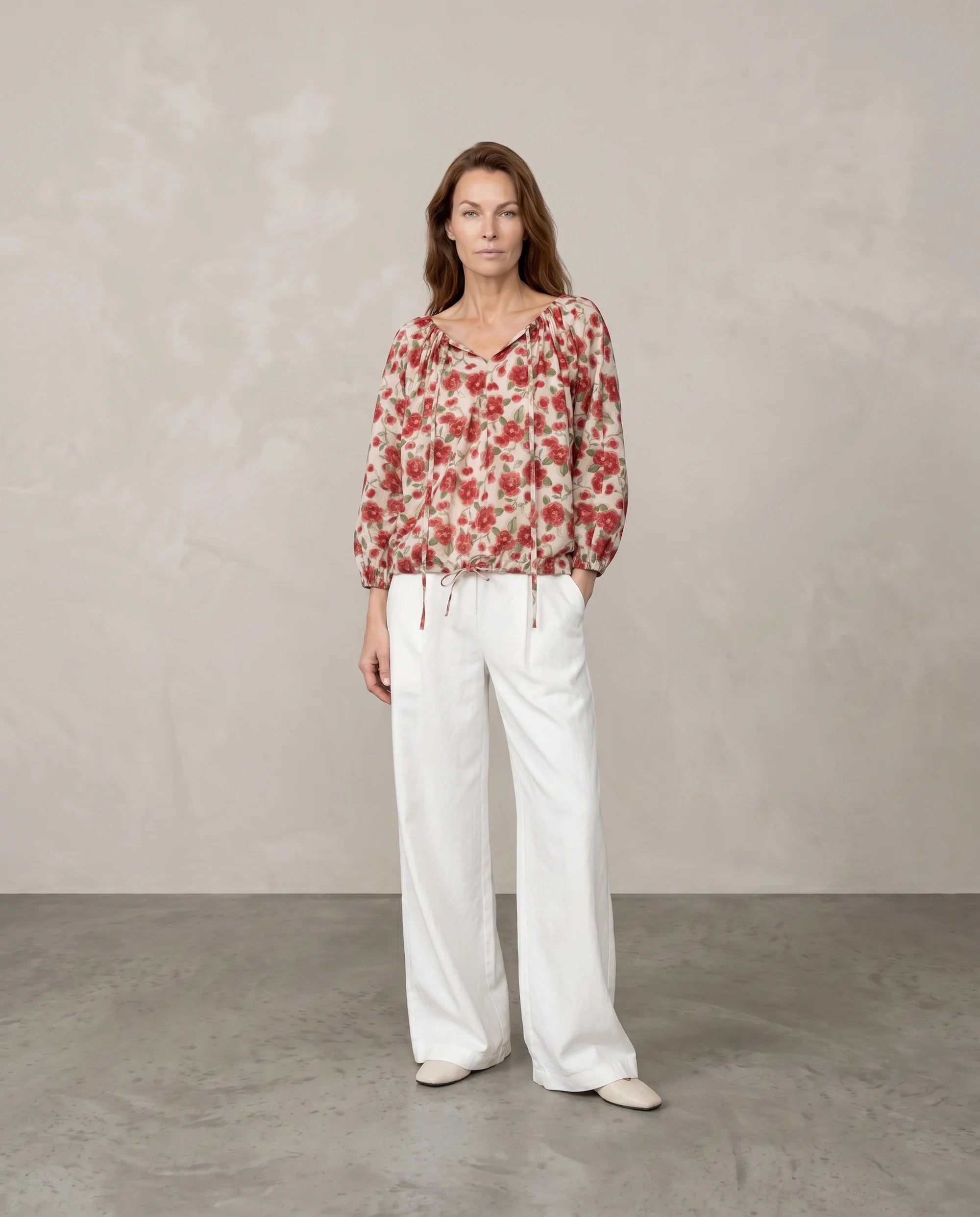 English Floral Poplin Blouse — V-Neck Billowy Sleeve Top