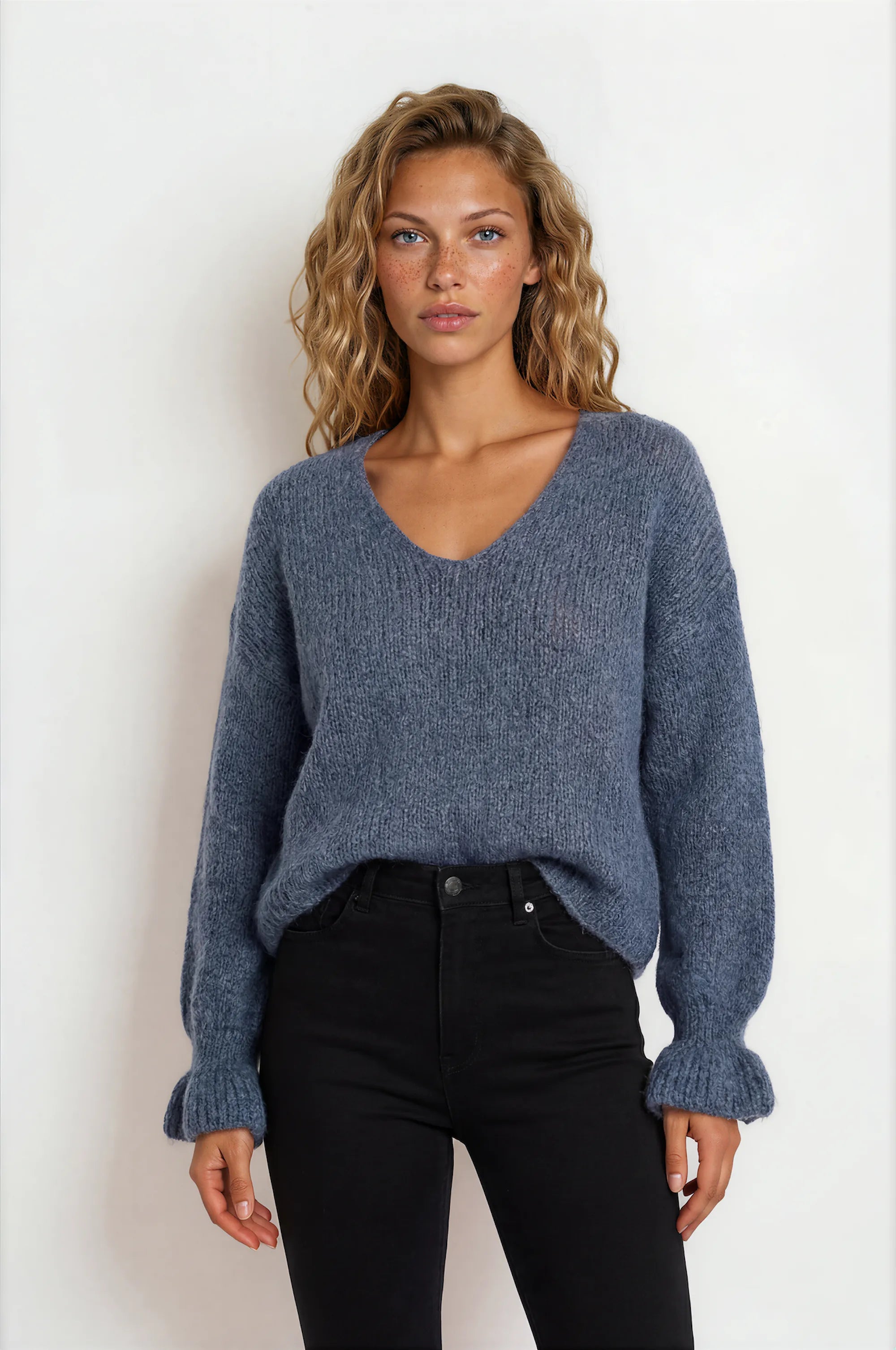 Flutter Sleeve V-neck Sweater