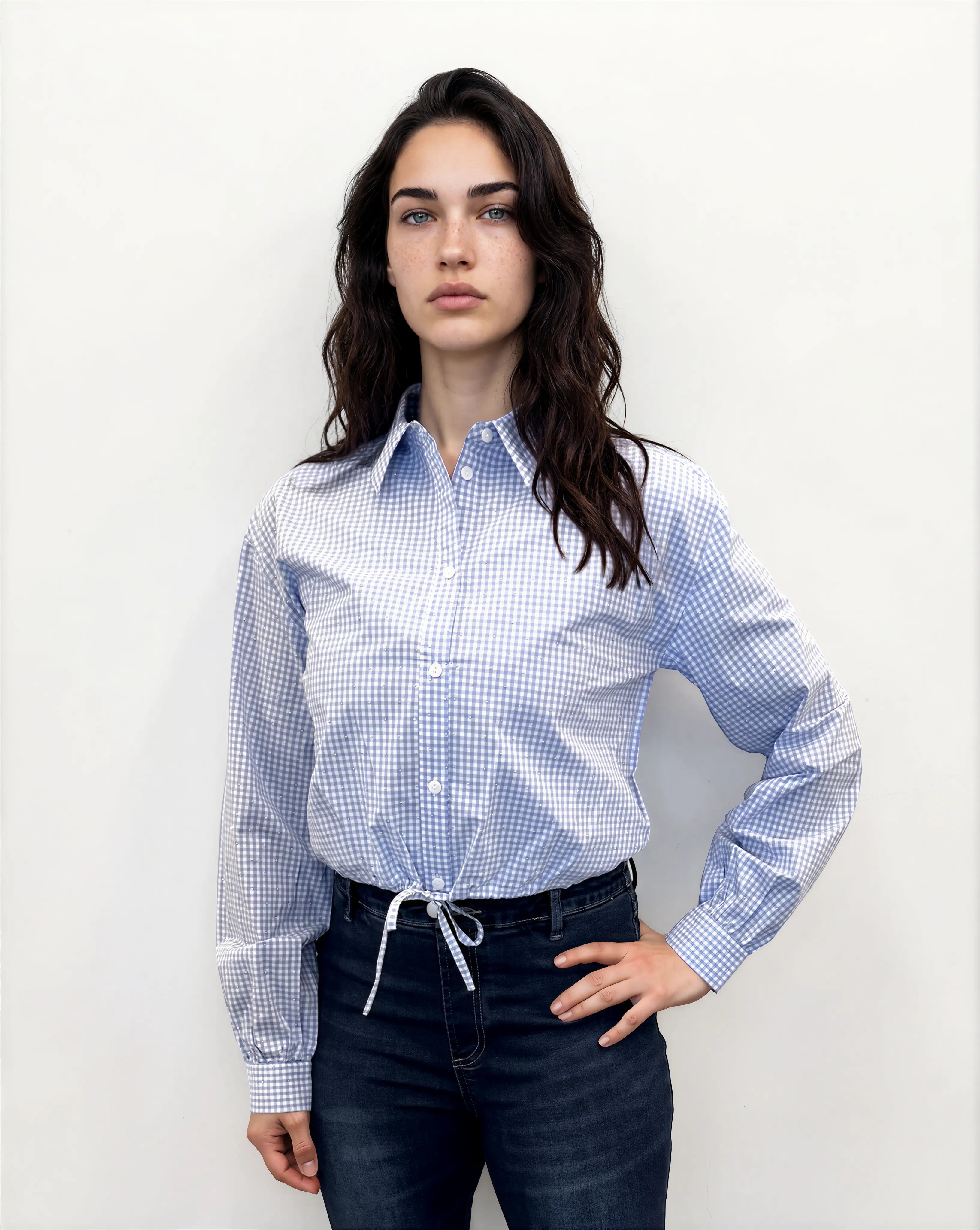 Tie-Waist Gingham Blouse with Studded Detail