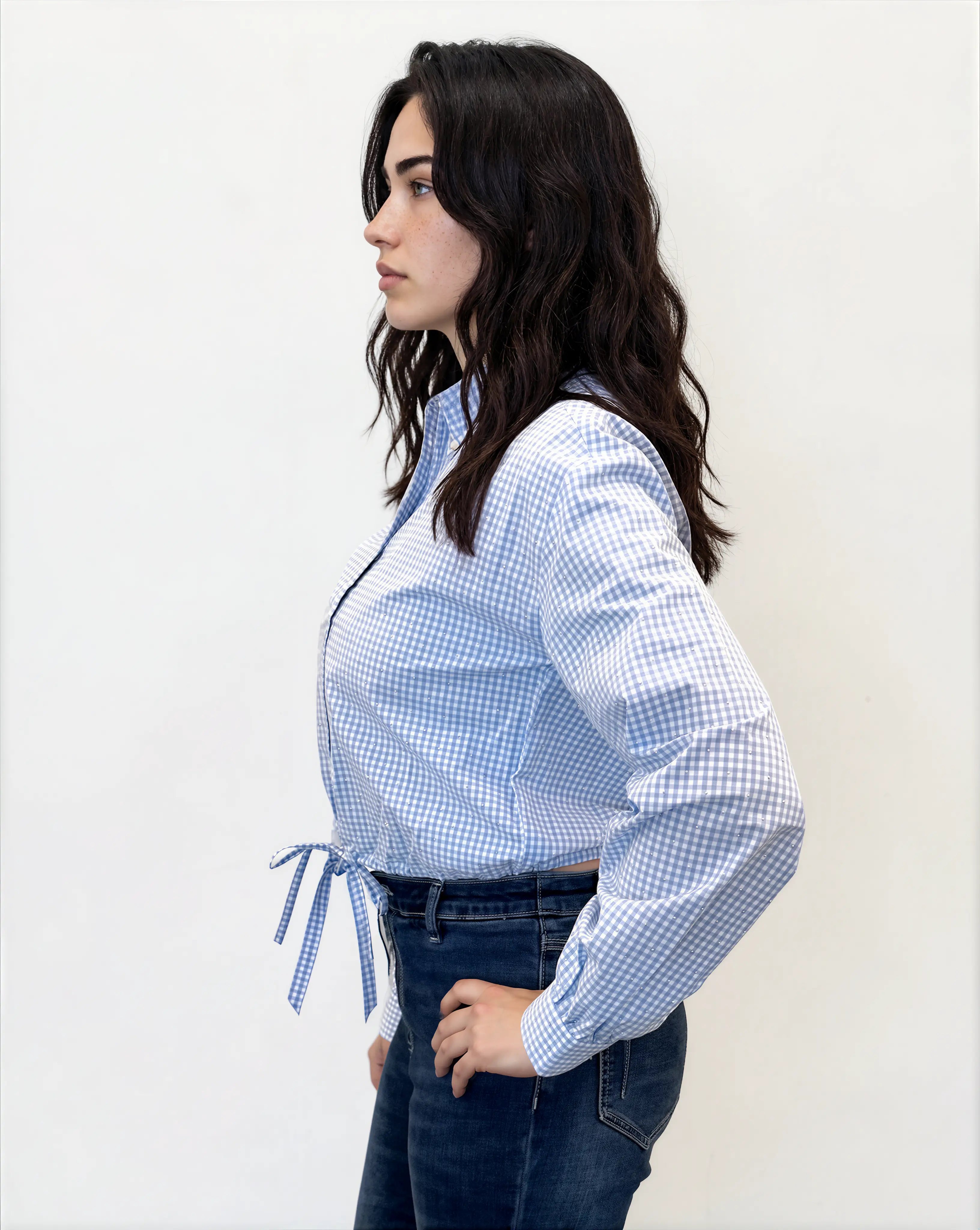 Tie-Waist Gingham Blouse with Studded Detail