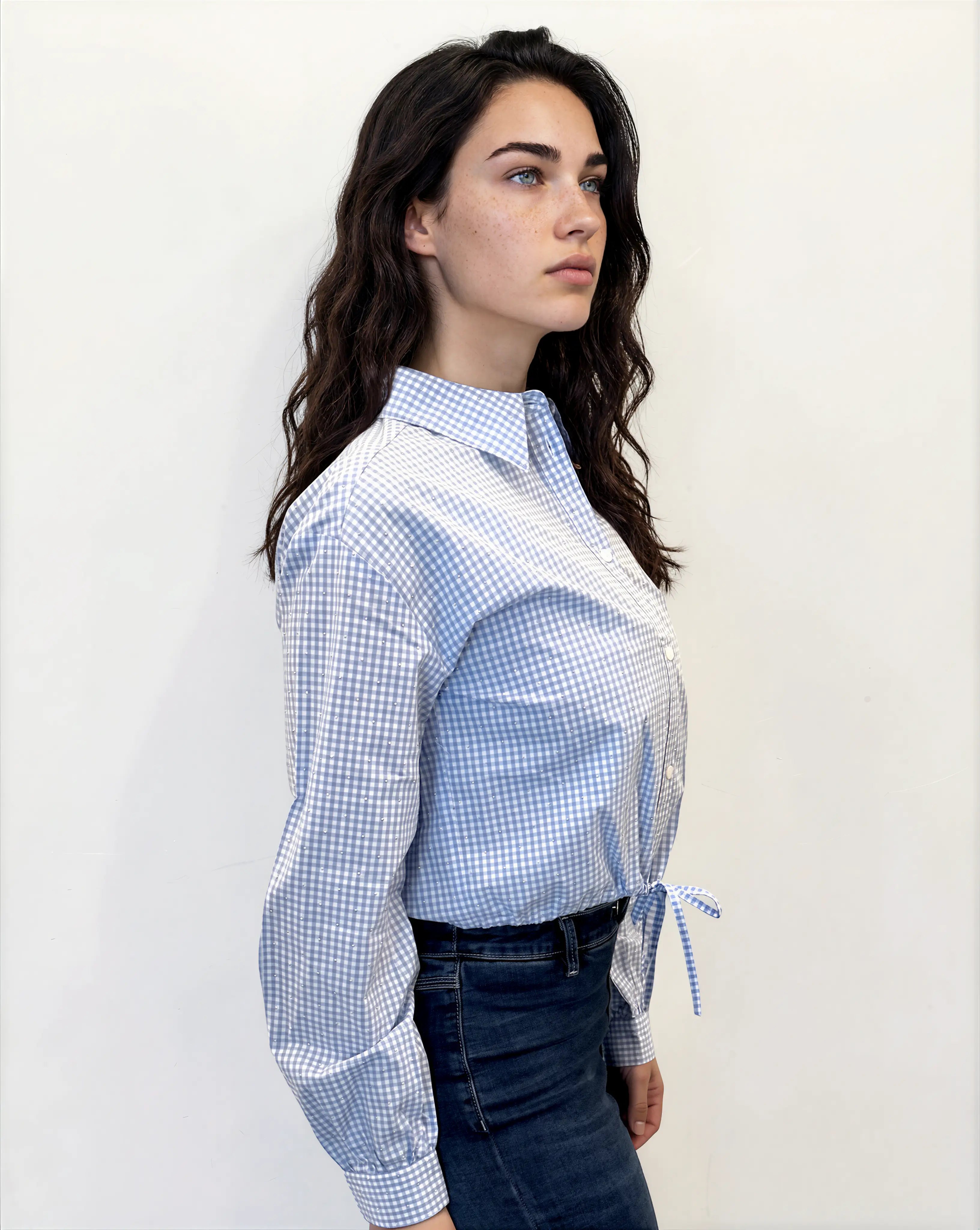 Tie-Waist Gingham Blouse with Studded Detail