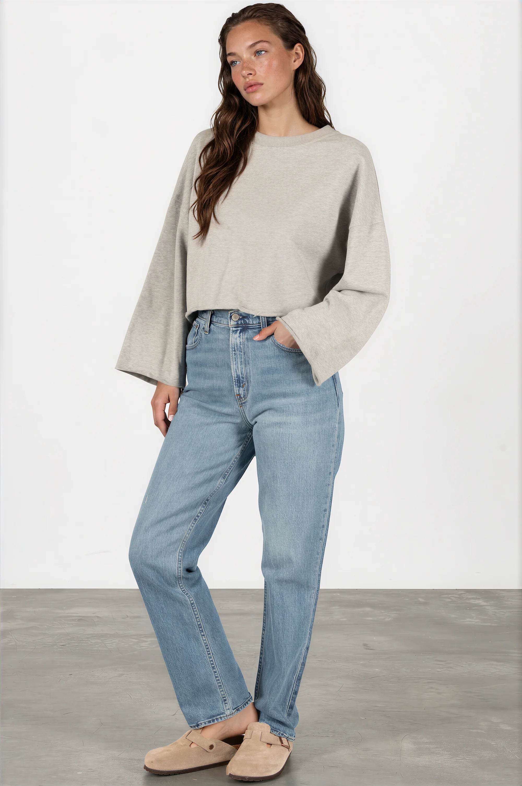 Gray French Terry Sweatshirt — Cropped, Oversized, Wide Sleeves