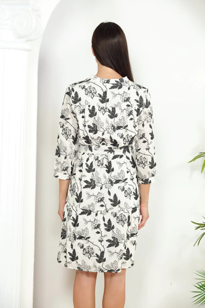 Cream & Black Embroidered Floral Cotton Dress