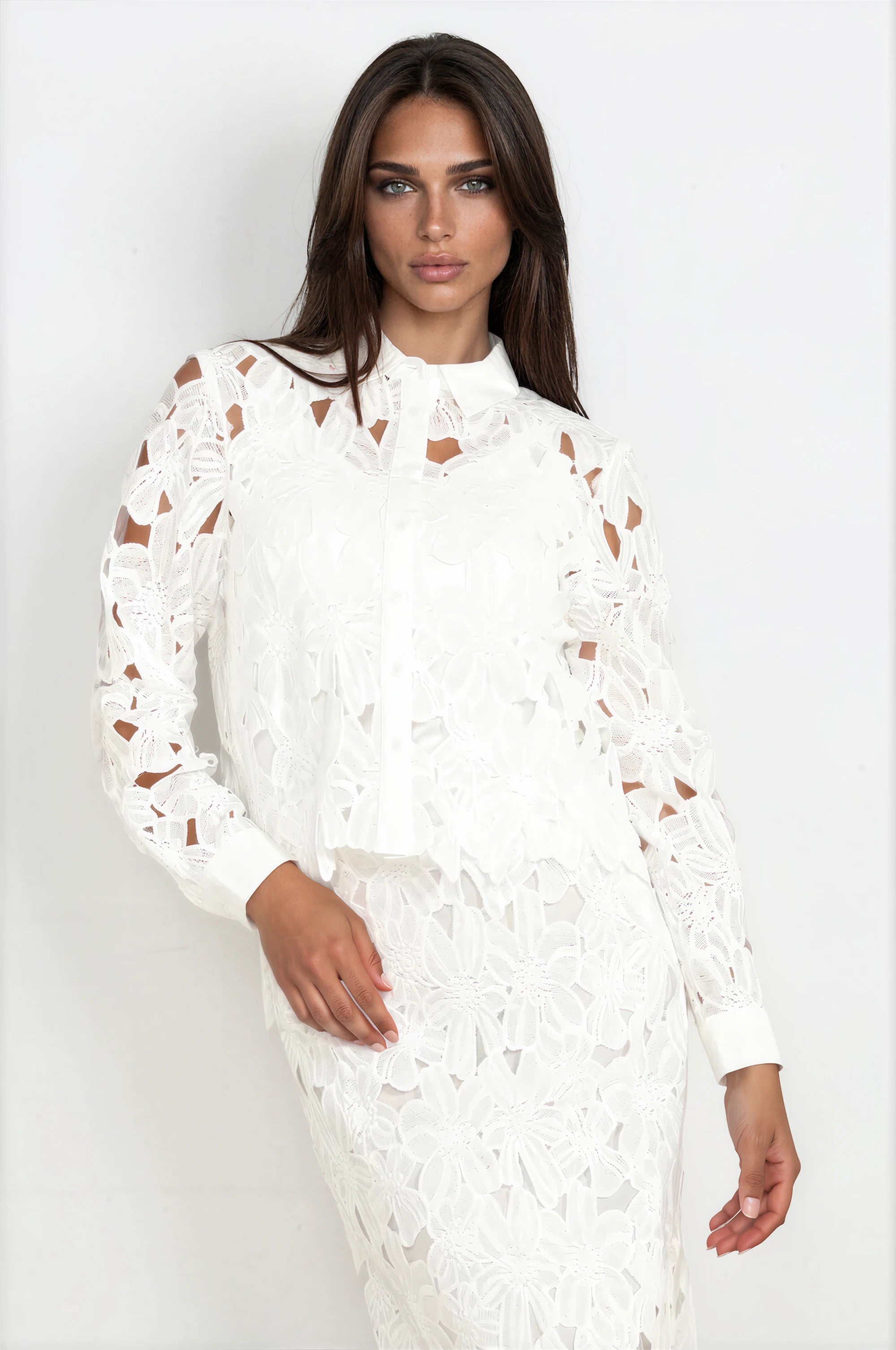 White Lace Button-Down Blouse