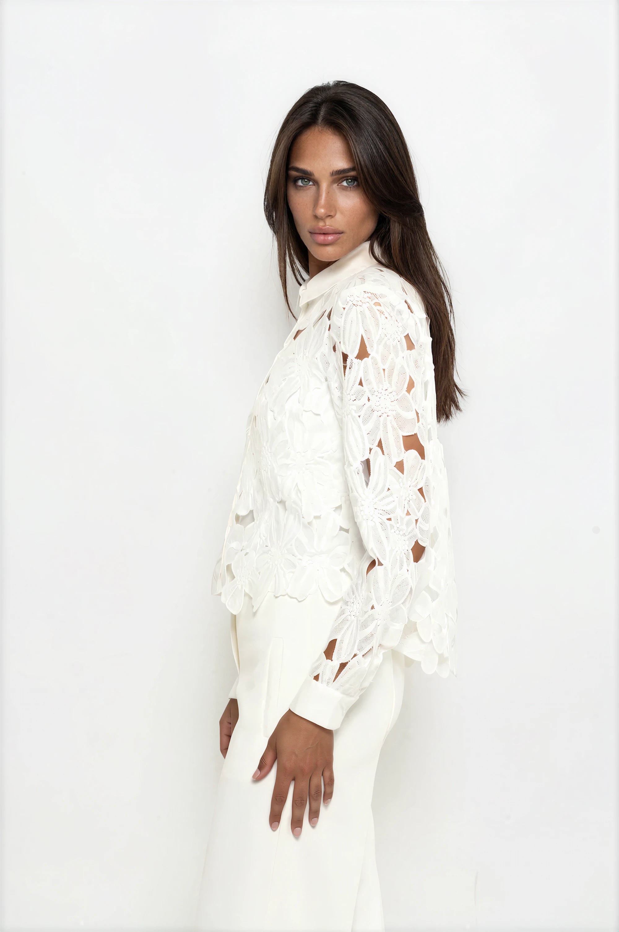 White Lace Button-Down Blouse