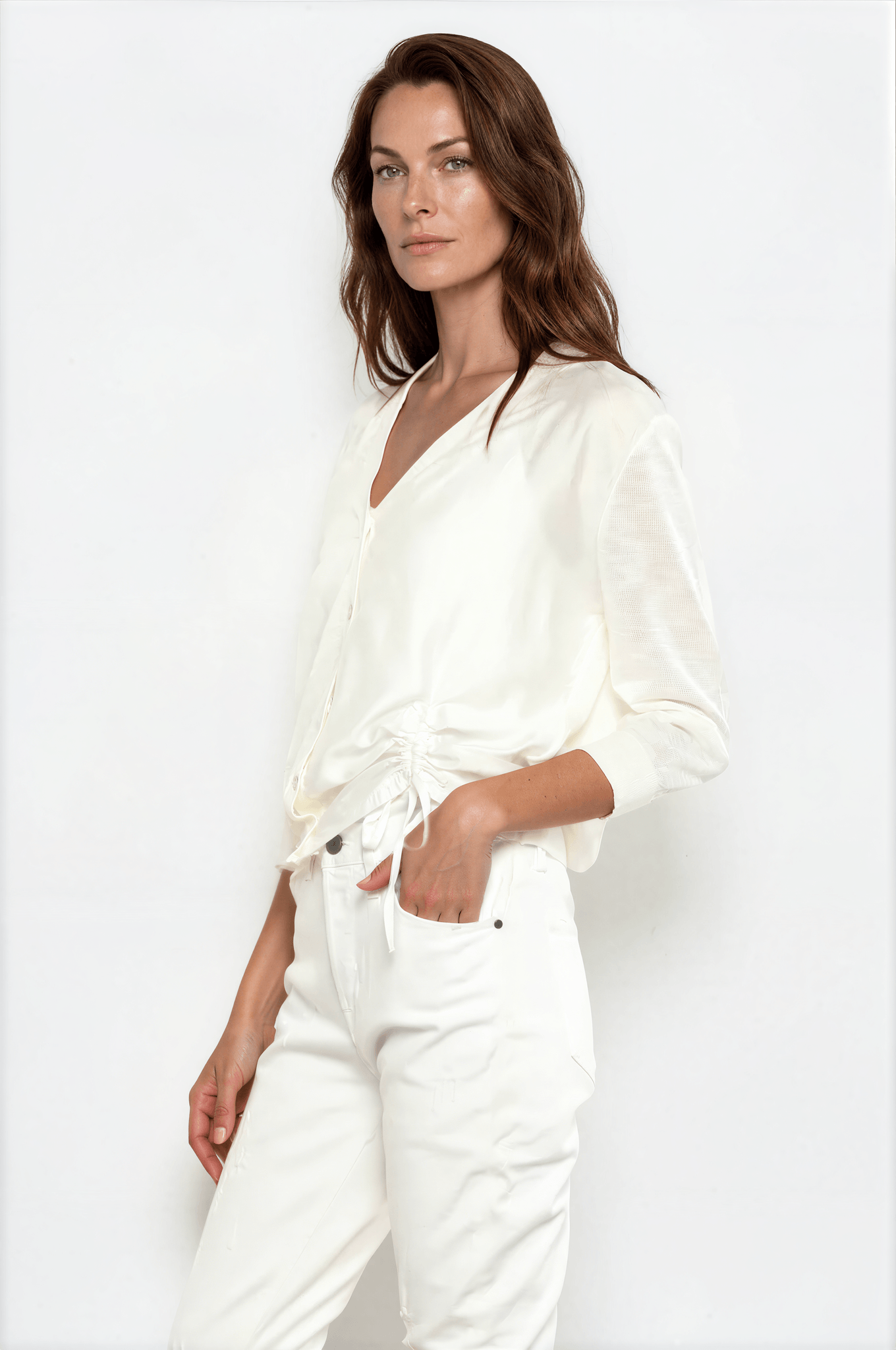 White Mixed Knit Cardigan with Side Ruching