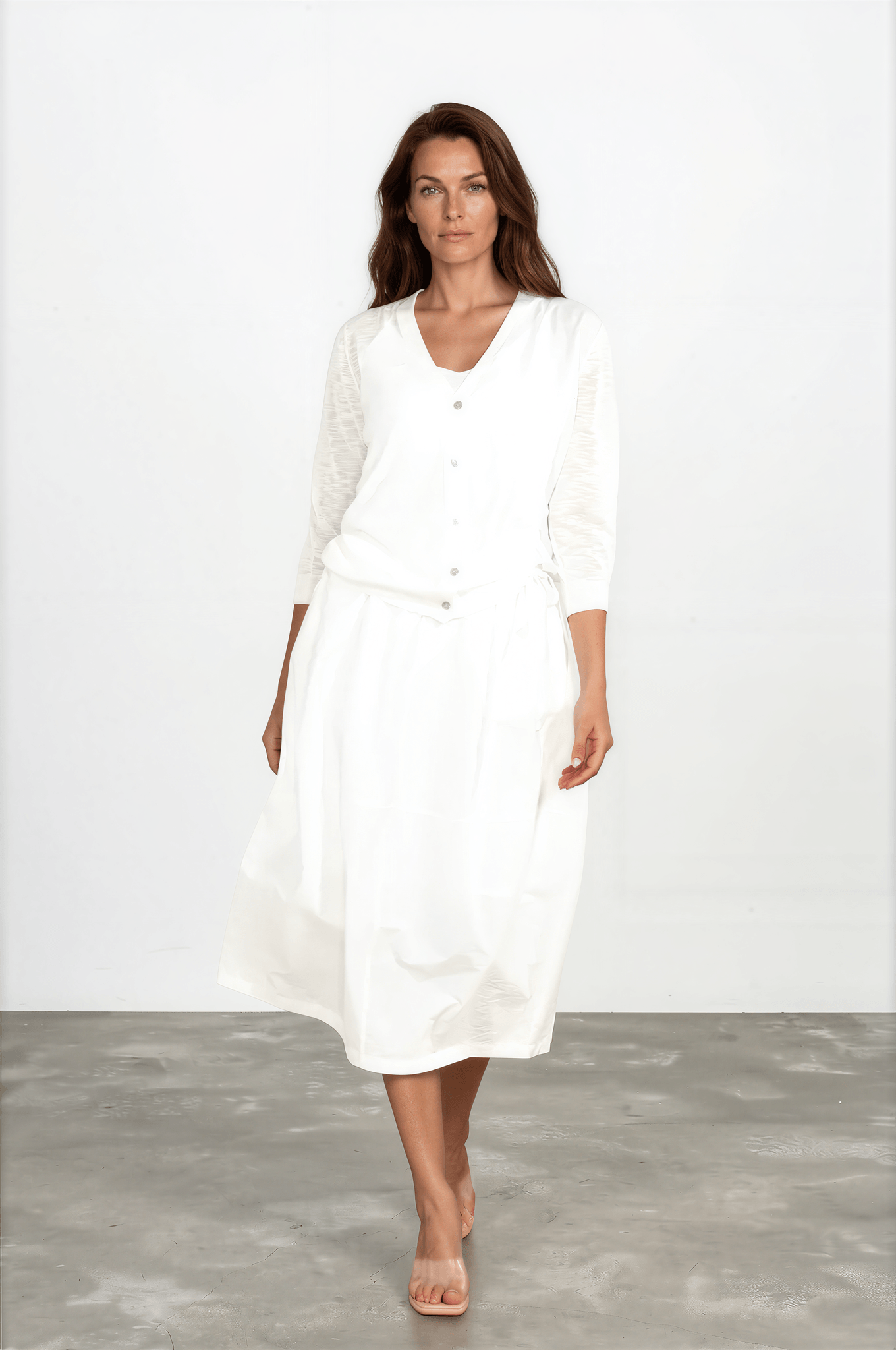 White Mixed Knit Cardigan with Side Ruching