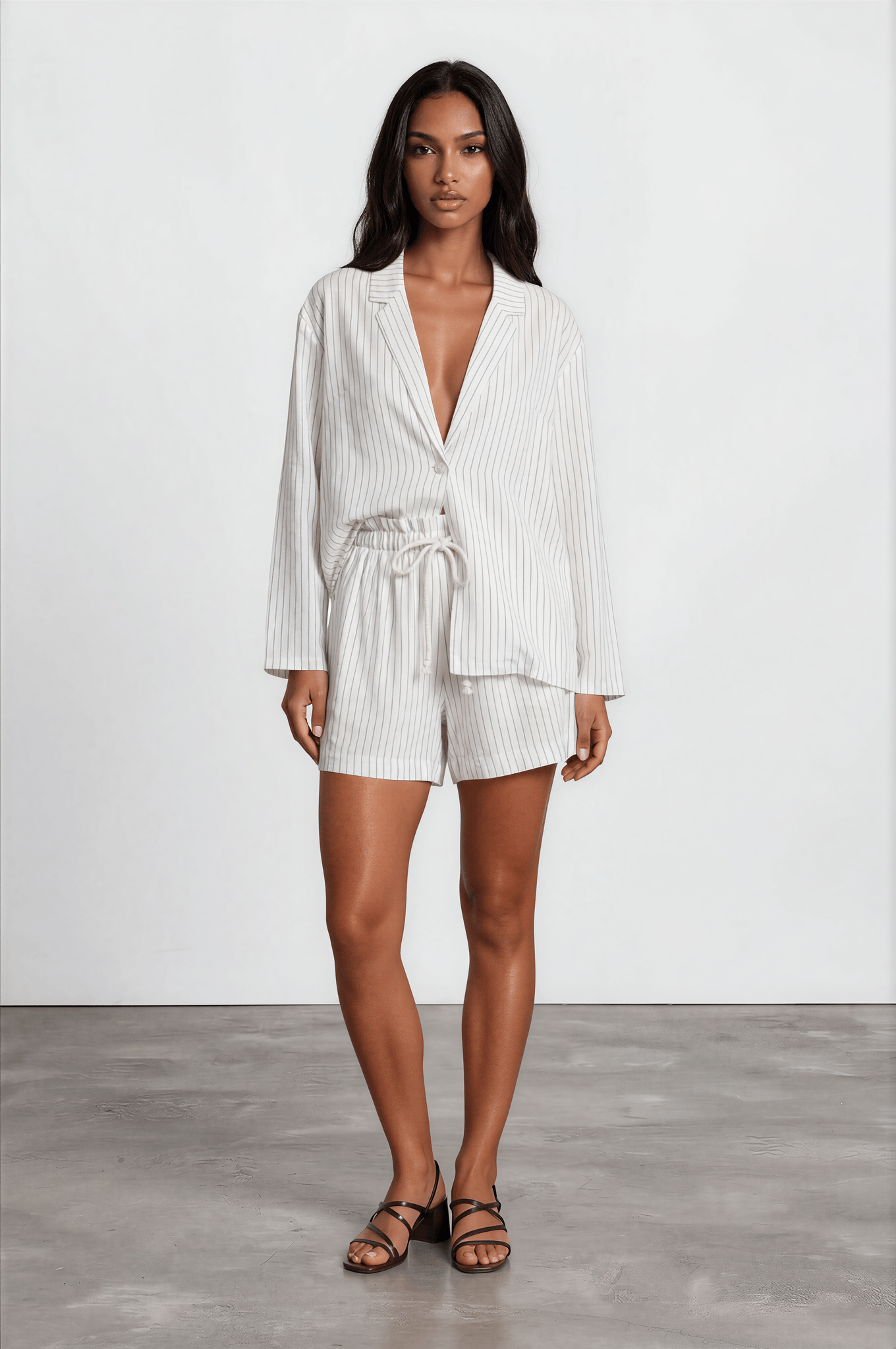 Pinstripe Linen Blend Short Set — Oversized Blazer & Matching Shorts