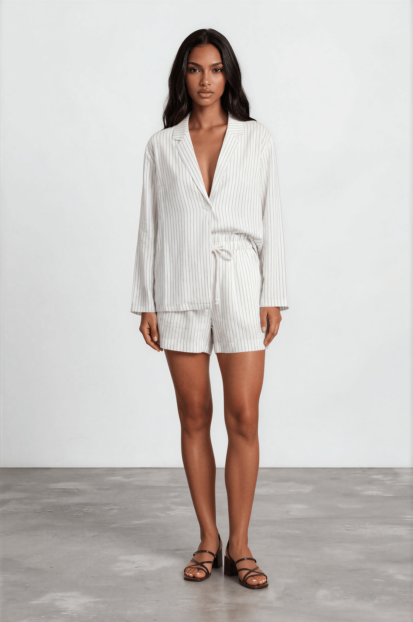 Pinstripe Linen Blend Short Set — Oversized Blazer & Matching Shorts