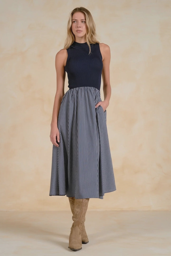 Load video: Navy Rib Knit &amp; Stripe Midi Dress
