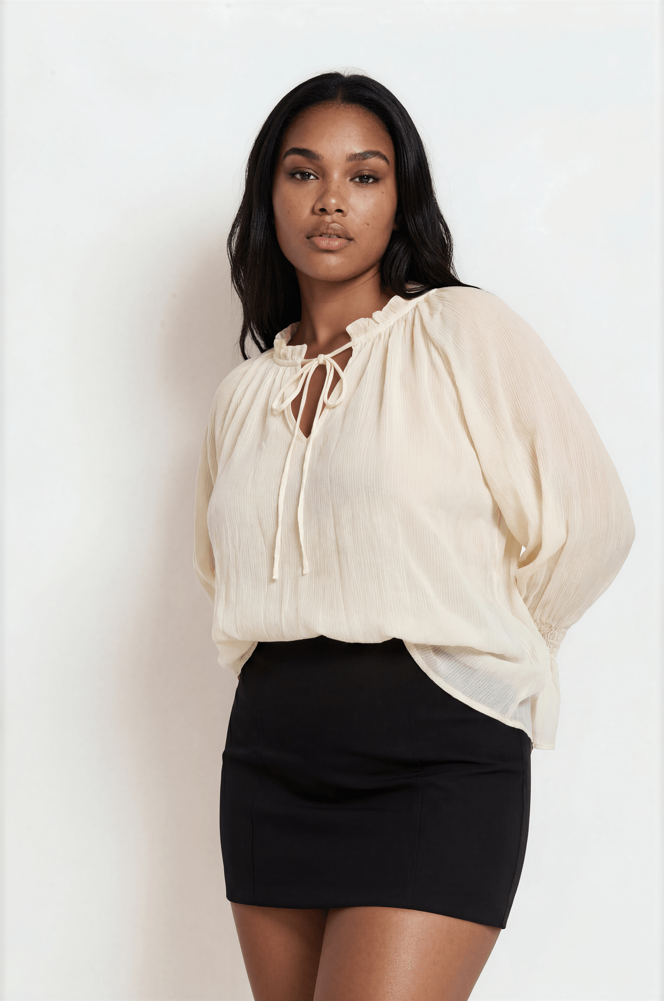 Champagne Sheer Ruffle Tie-Neck Chiffon Blouse