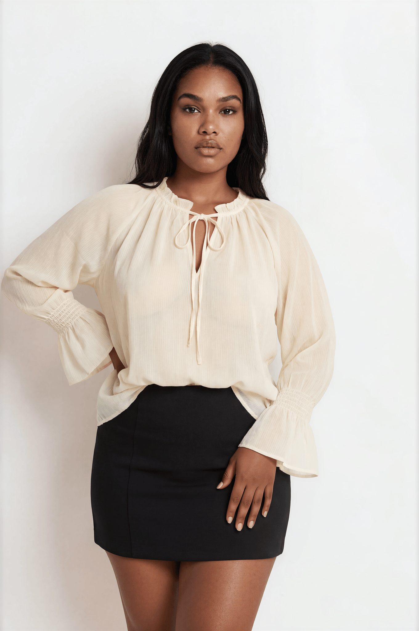 Champagne Sheer Ruffle Tie-Neck Chiffon Blouse