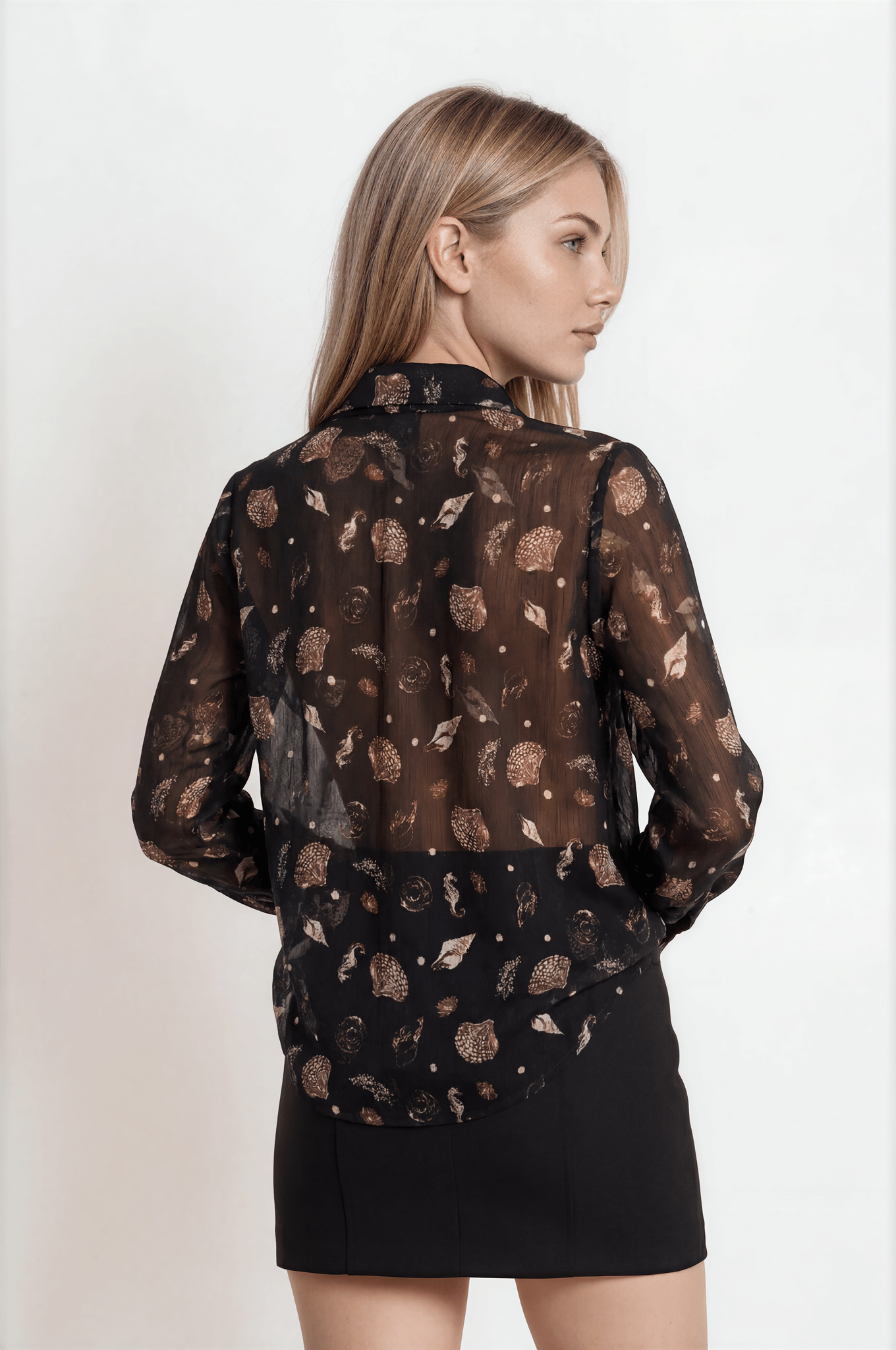 Black Seashell Print Sheer Blouse