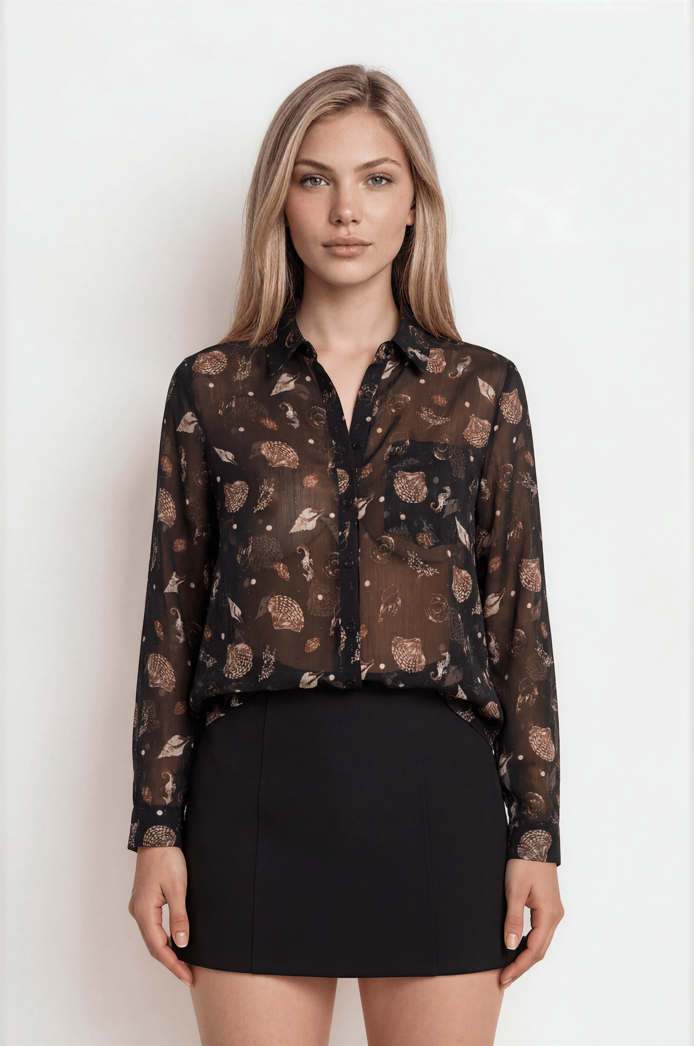 Black Seashell Print Sheer Blouse