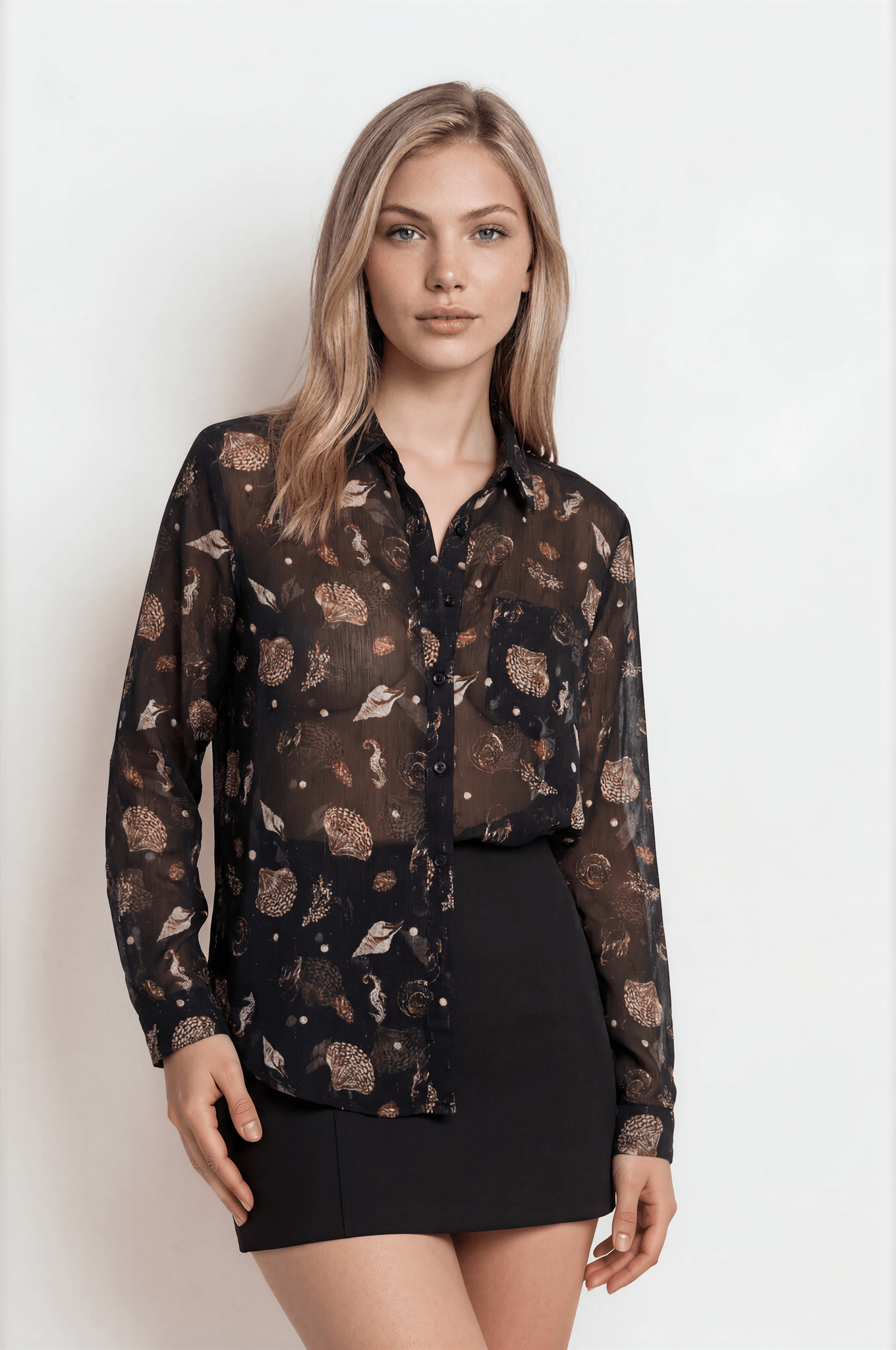 Black Seashell Print Sheer Blouse
