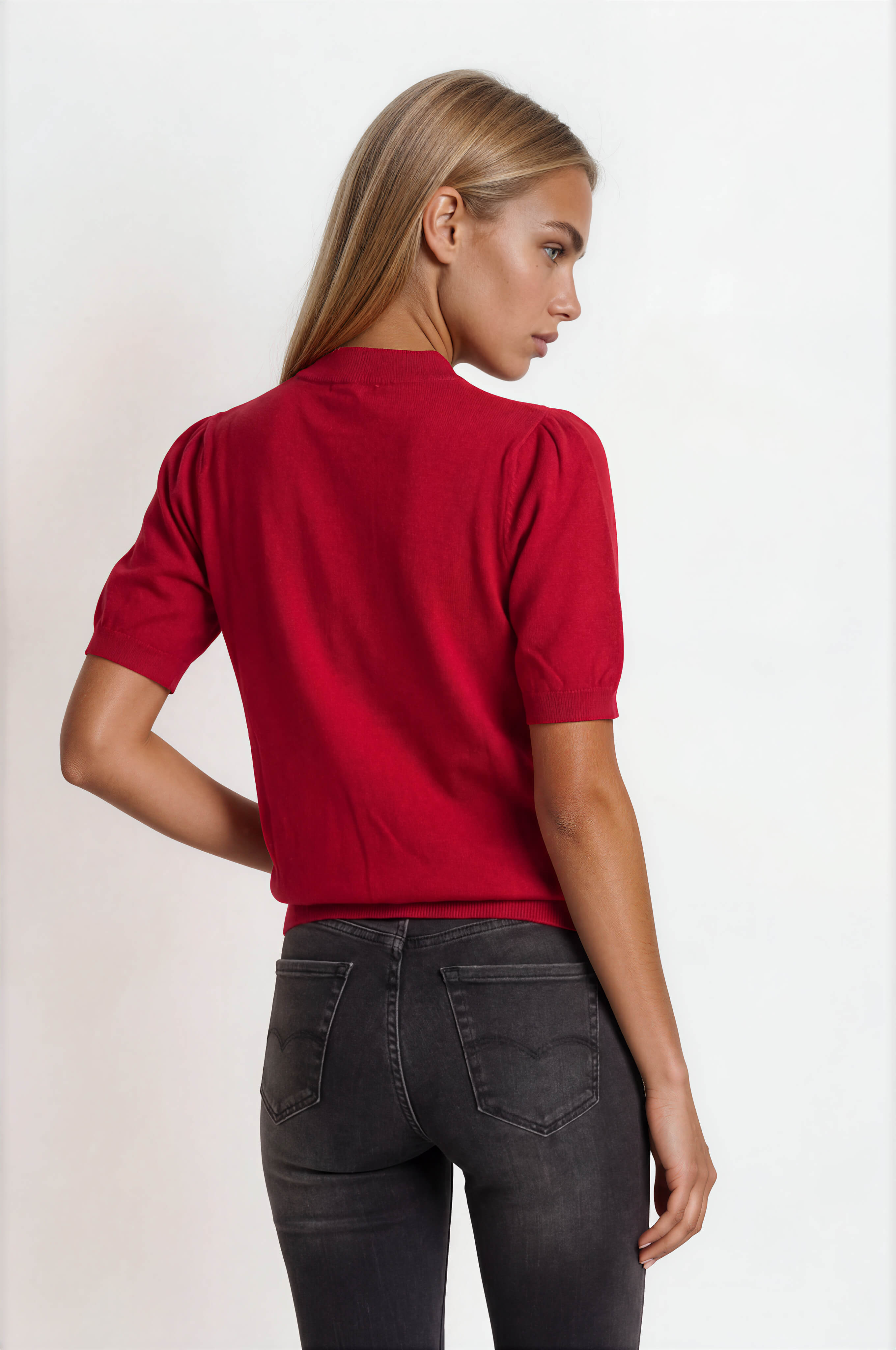 Red Lightweight Sweater — Crew Neck, Puff Short Sleeves