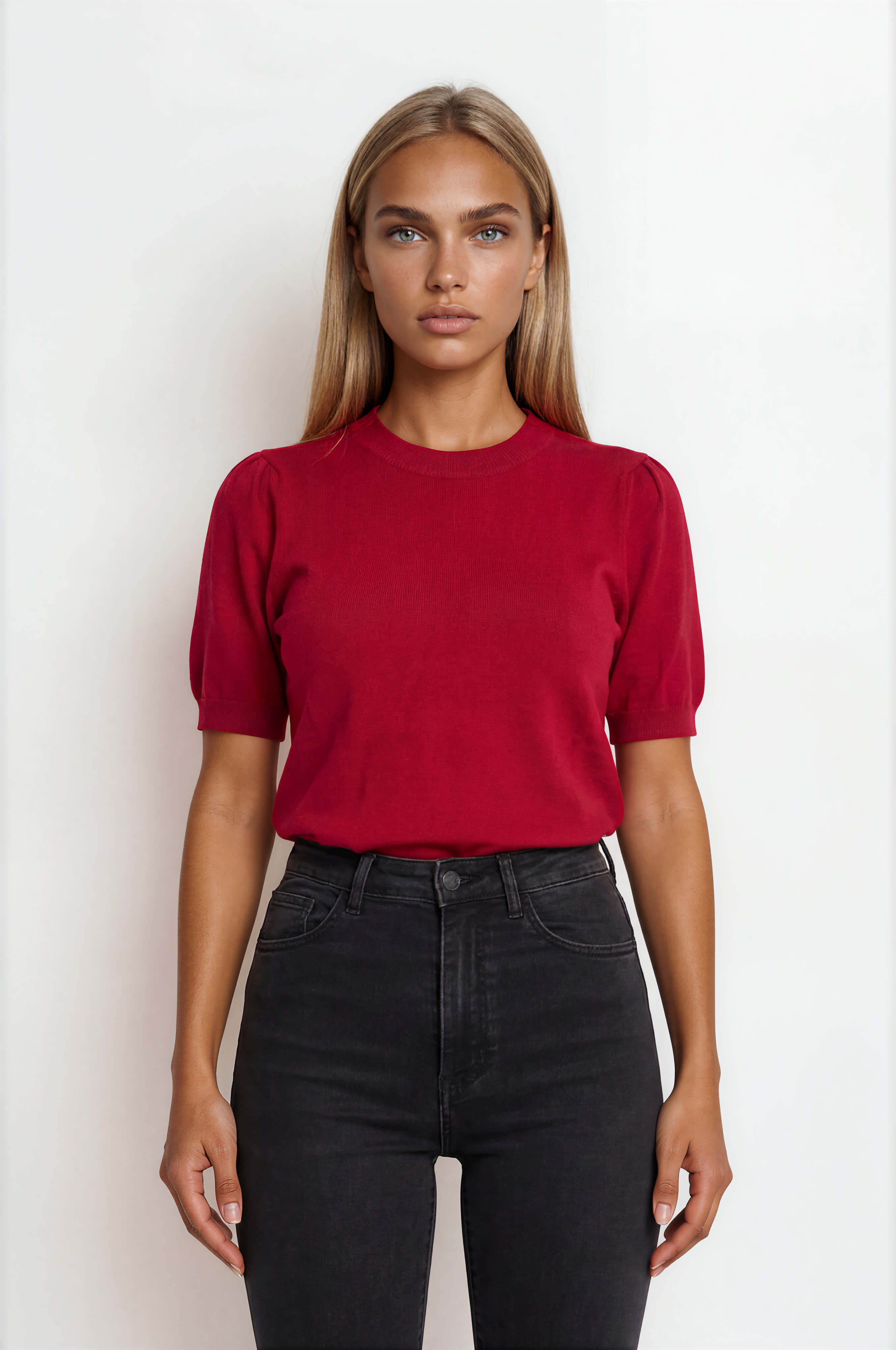 Red Lightweight Sweater — Crew Neck, Puff Short Sleeves