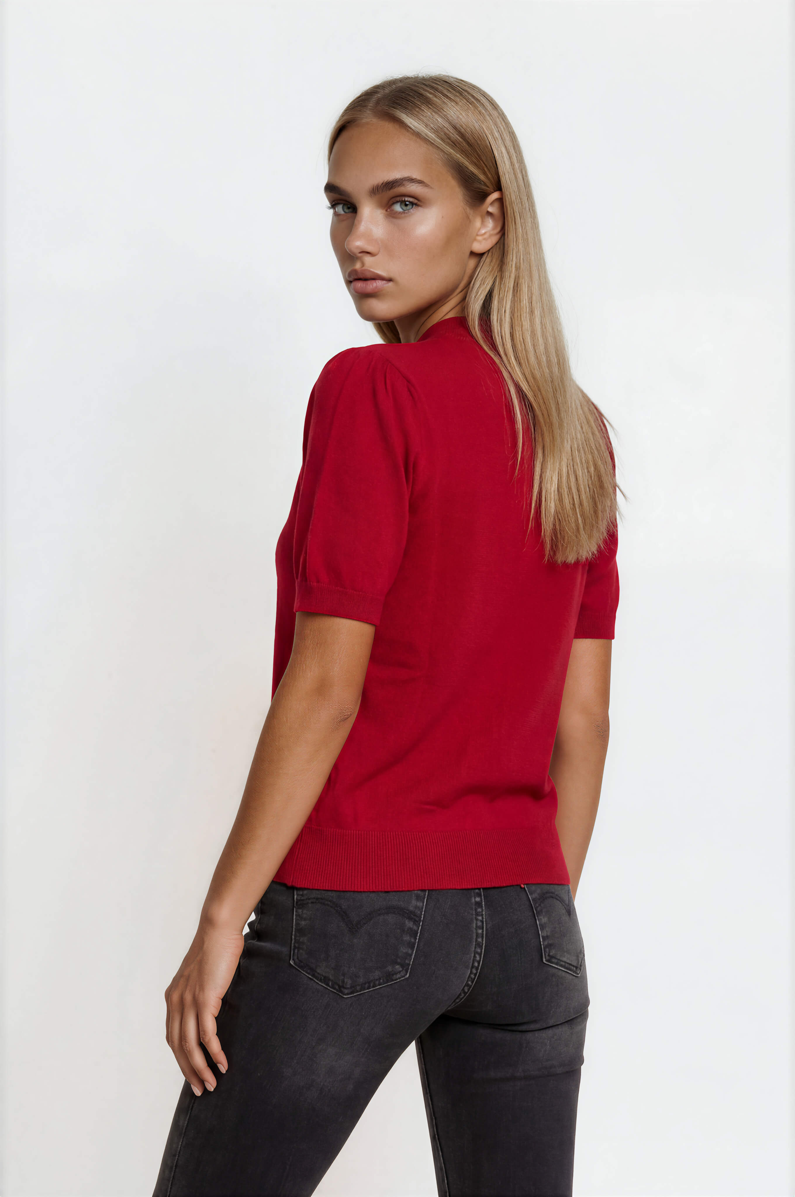 Red Lightweight Sweater — Crew Neck, Puff Short Sleeves