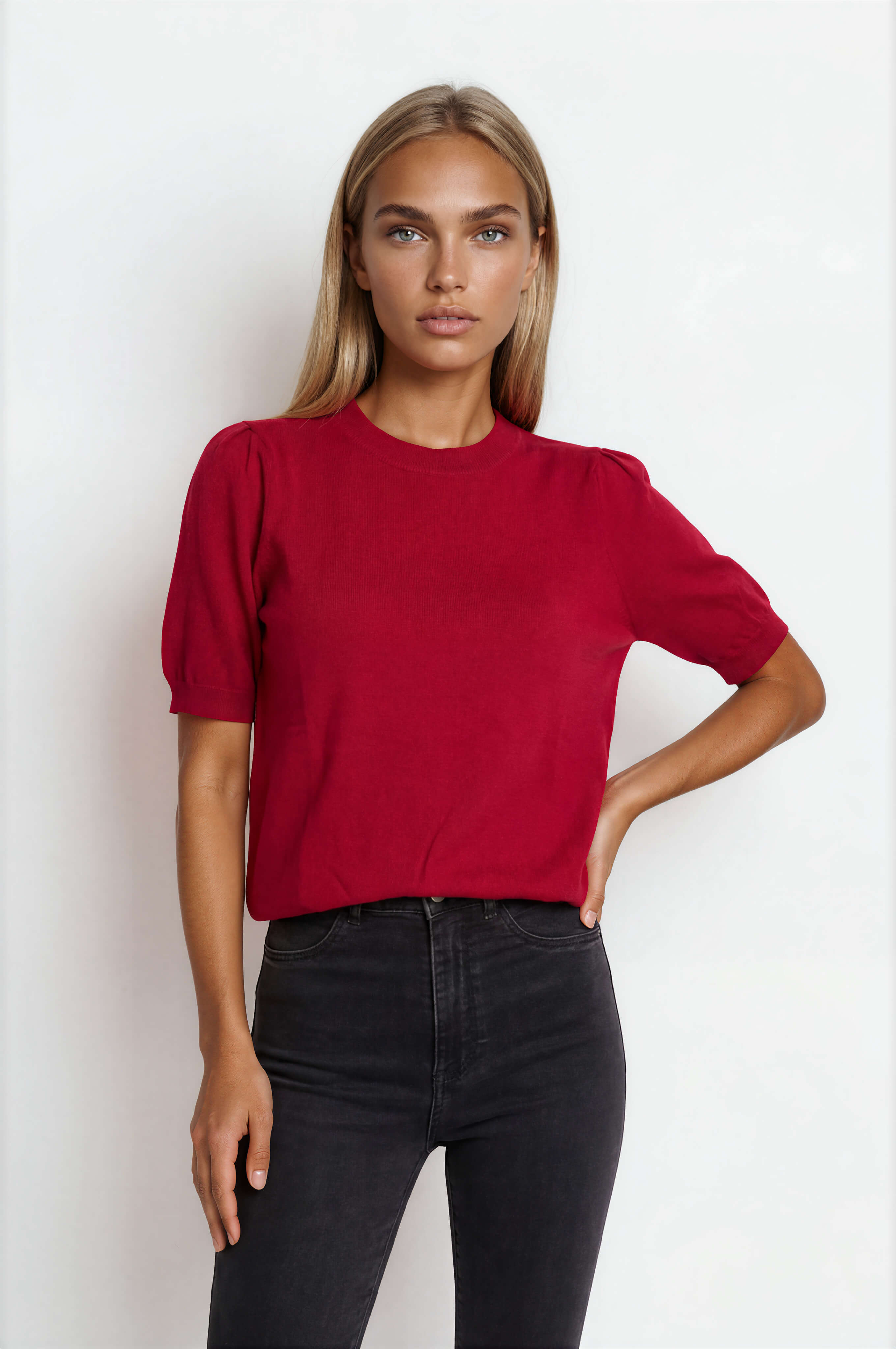 Red Lightweight Sweater — Crew Neck, Puff Short Sleeves