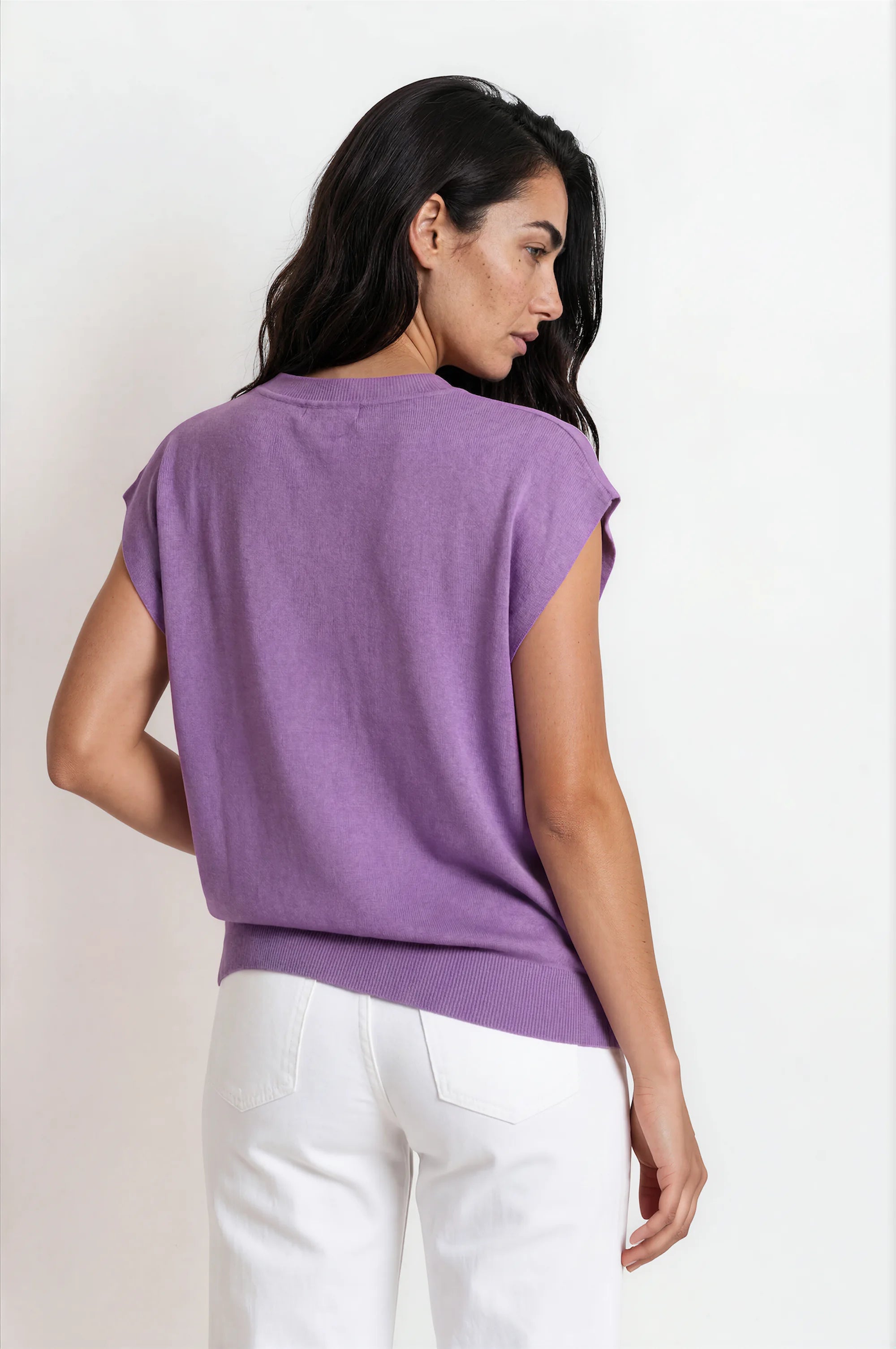 Sleeveless Knit Top — Crew Neck, Ribbed Trim