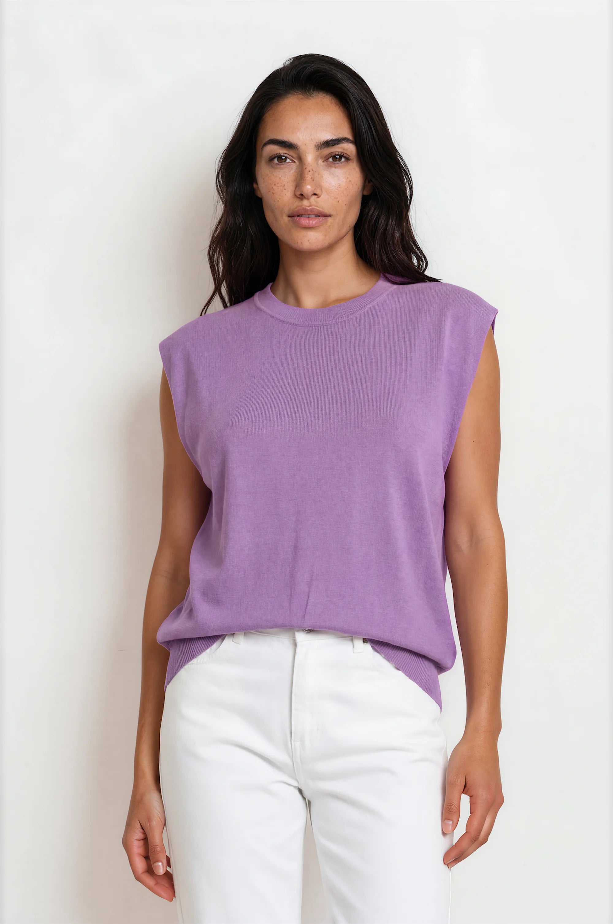 Sleeveless Knit Top — Crew Neck, Ribbed Trim