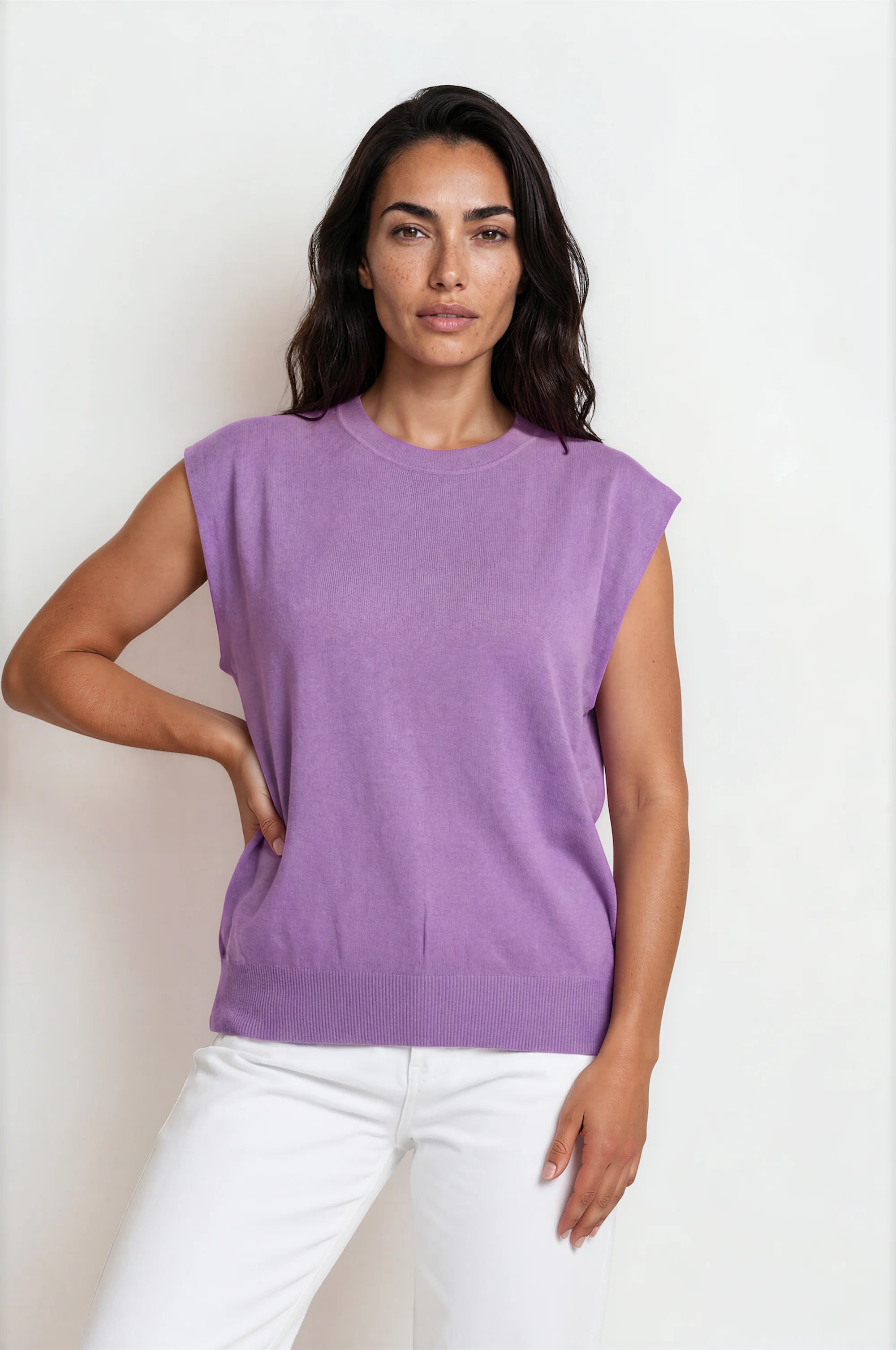 Sleeveless Knit Top — Crew Neck, Ribbed Trim