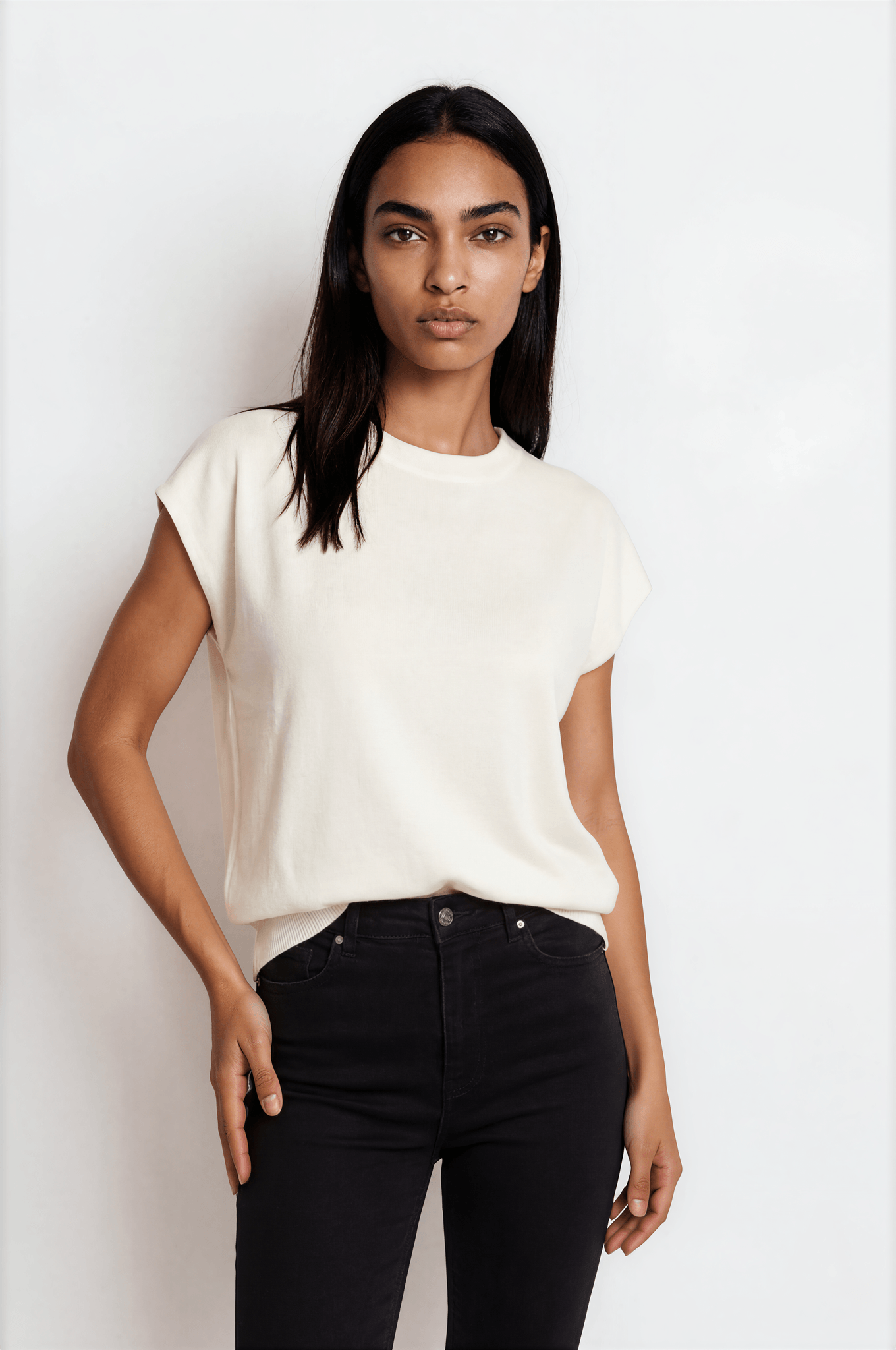 Sleeveless Knit Top — Crew Neck, Ribbed Trim